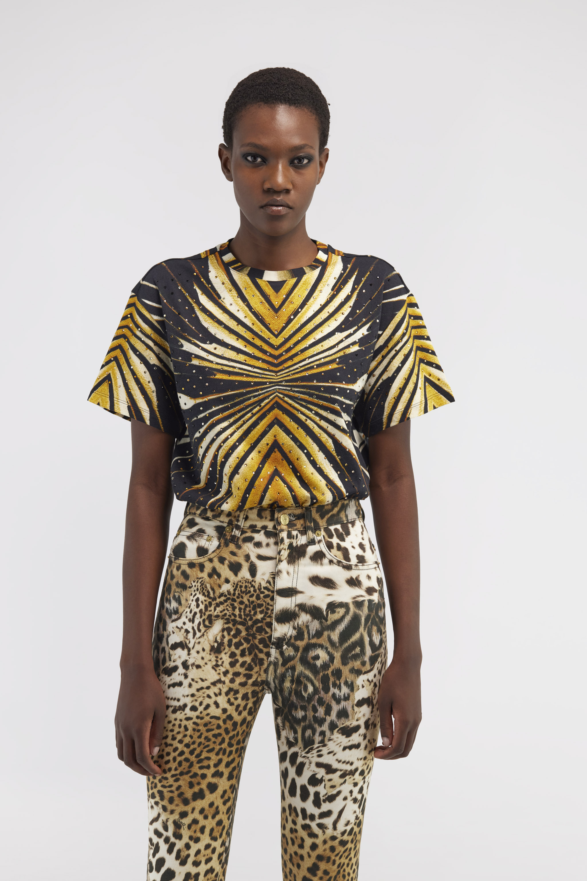 ROBERTO CAVALLI T-SHIRT MIT RAY OF GOLD-DRUCK 