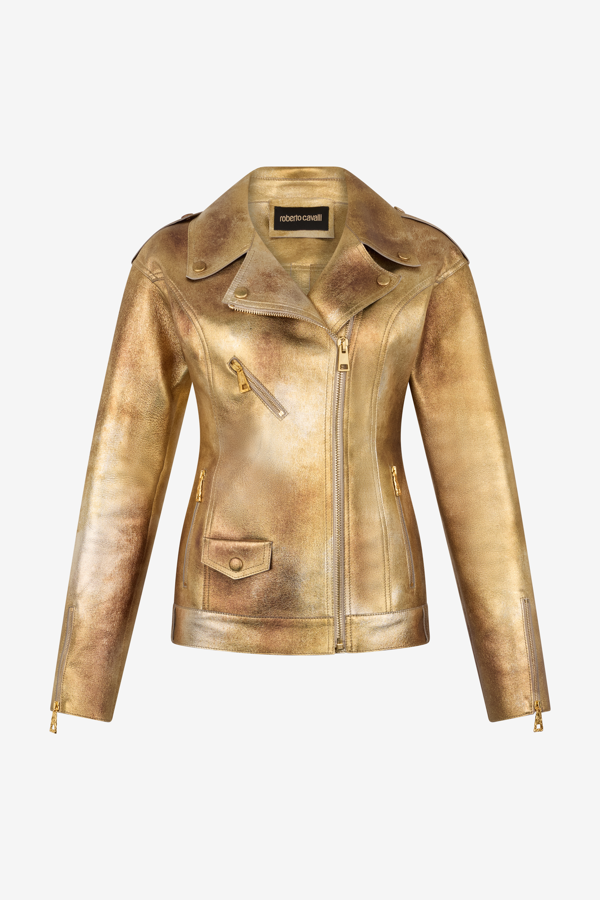 Roberto Cavalli Women's Gold Laminated Leather Biker Jacket - Ready To Wear