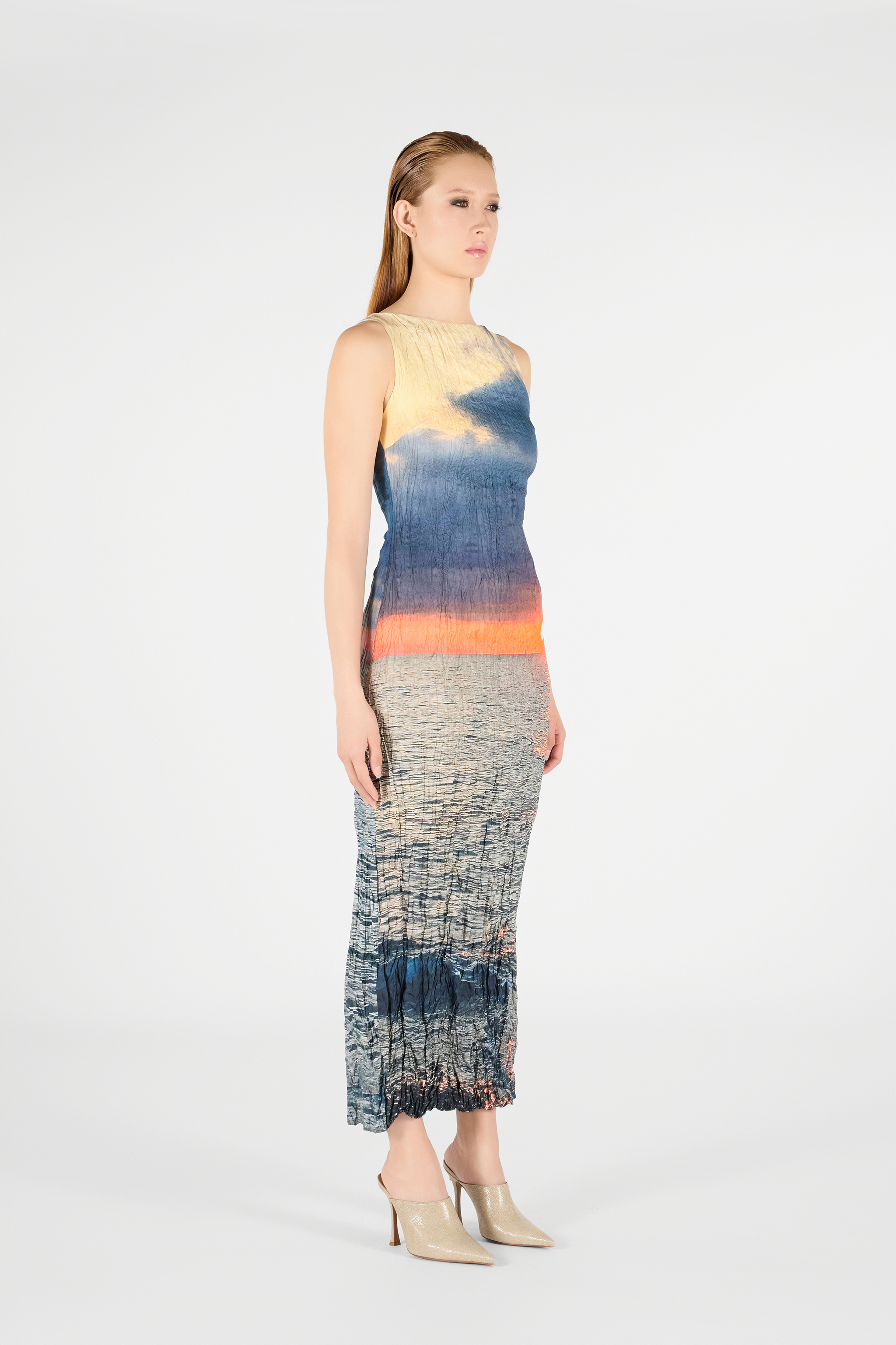Shop Roberto Cavalli Langes Kleid Mit Sunrise-print In Blue/orange