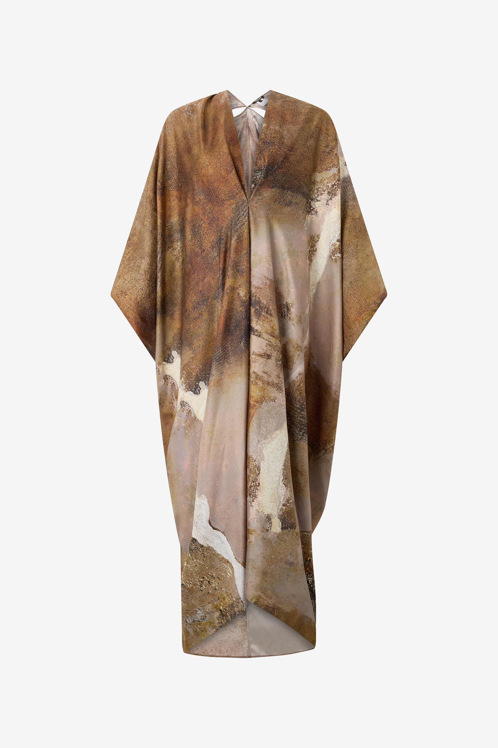 Beige Silk Caftan With Marble Print