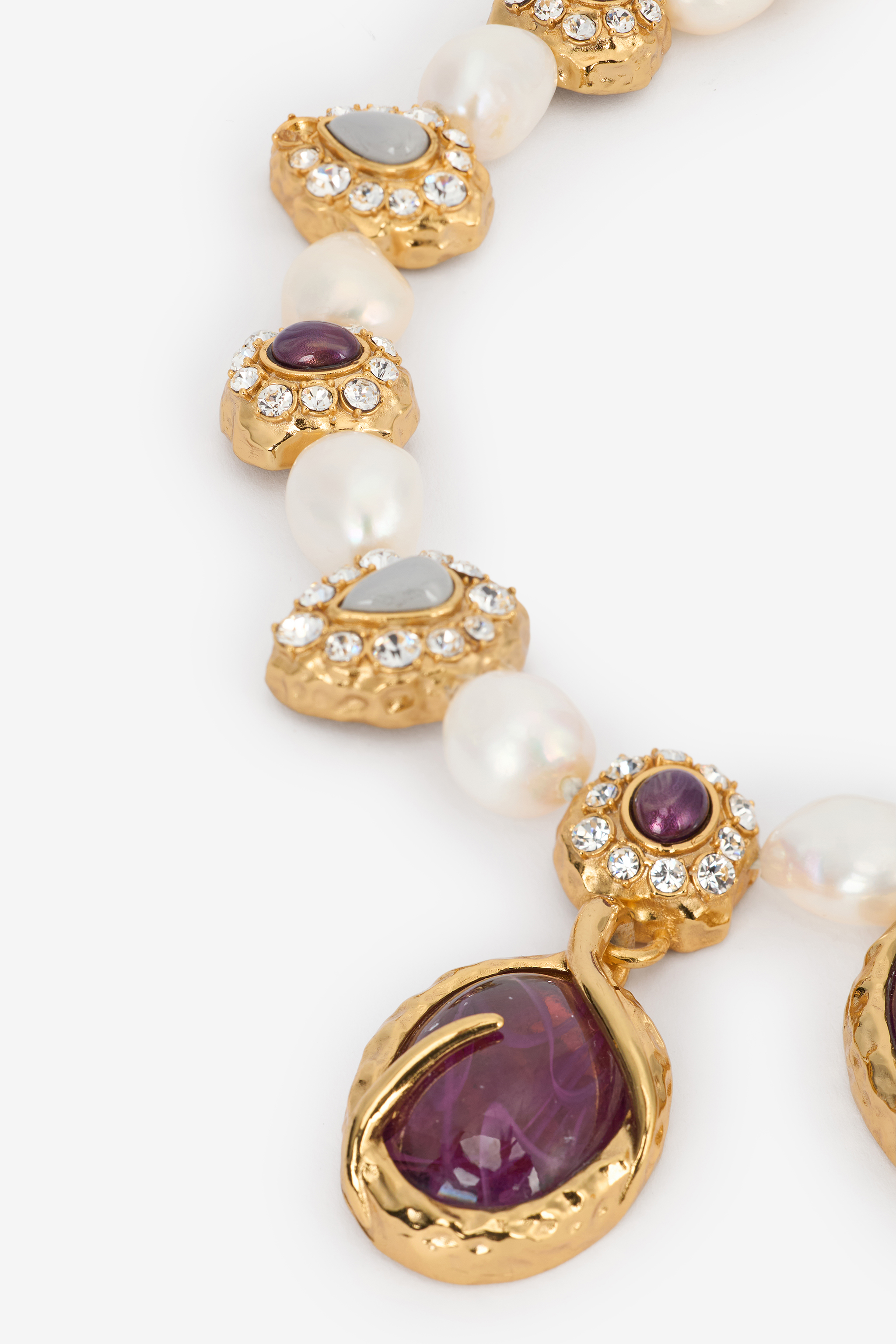 Golden Necklace With Pearls And Amethyst-Effect Stones