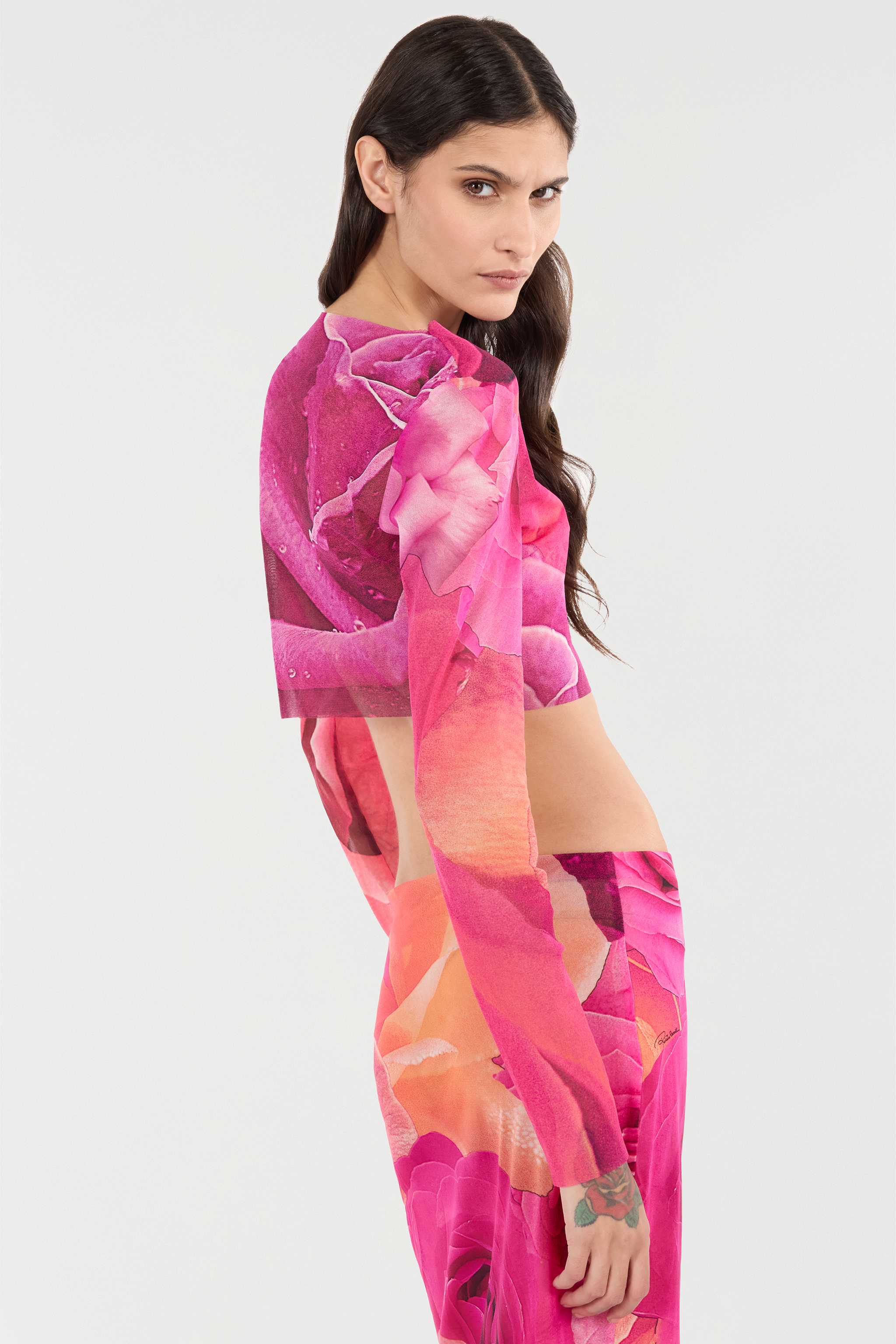 Roberto Cavalli Garden Rose Stretch Tulle Top & Skirt In Rosa