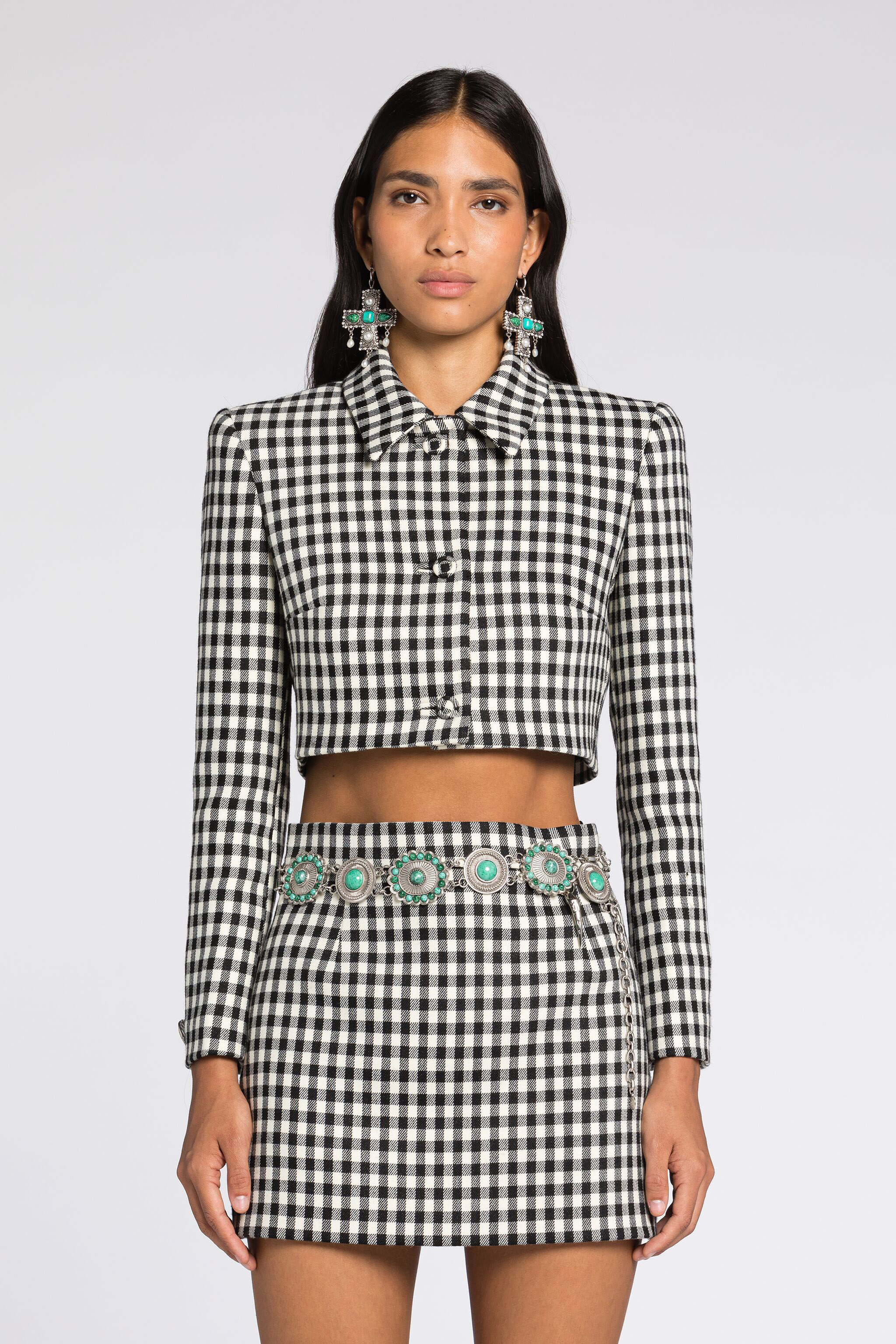 Roberto Cavalli Gingham Cropped Blazer In Black/white