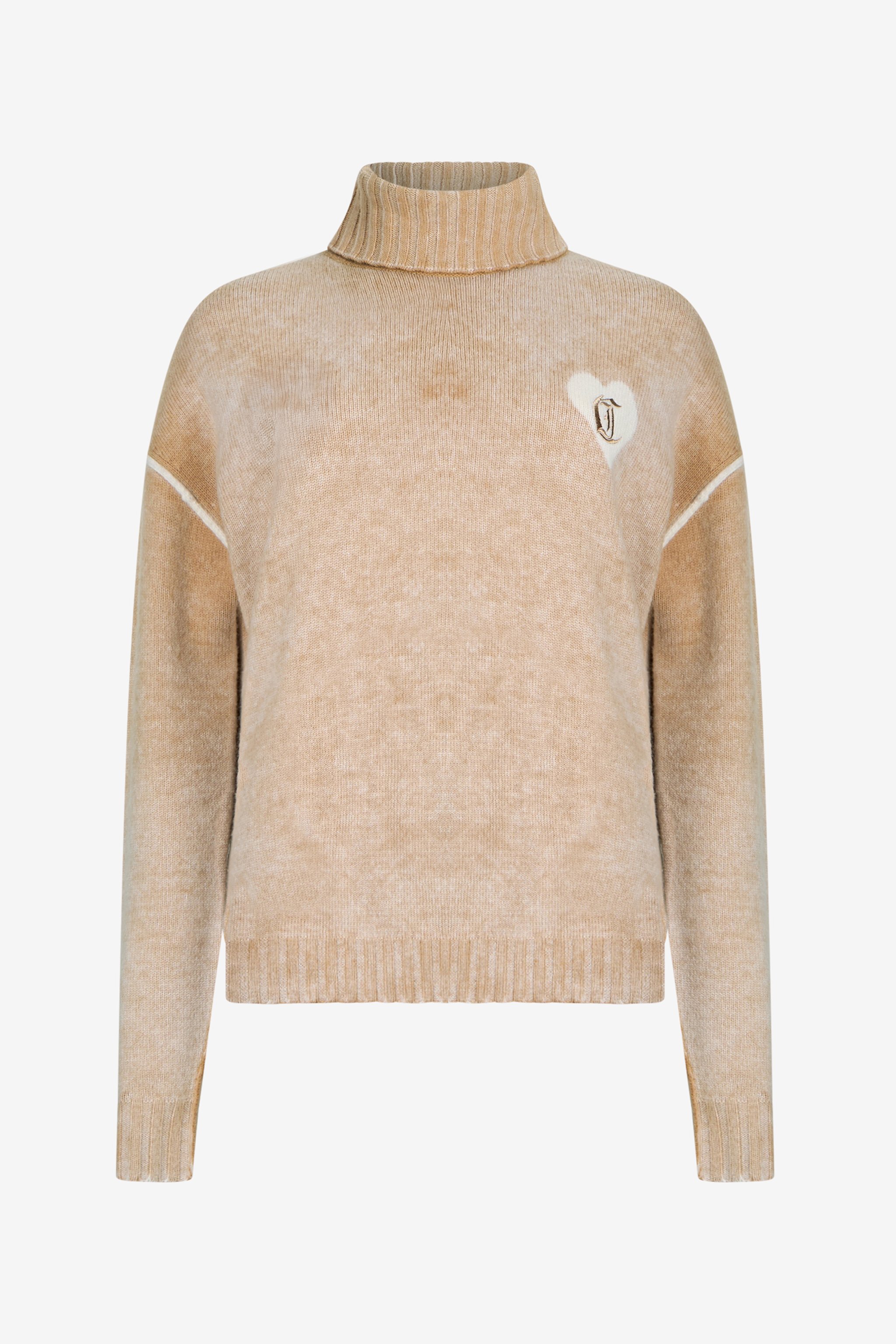 Roberto Cavalli Beige Turtleneck Sweater With Heart Logo In Neutral
