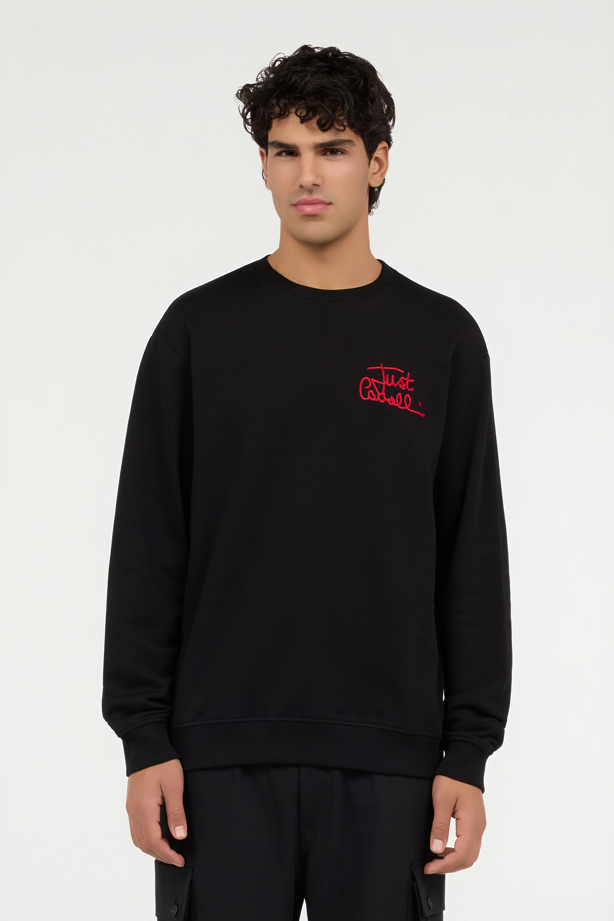 Roberto Cavalli Men's Black Crewneck Sweatshirt With Embroidered Logo - Sweatshirts