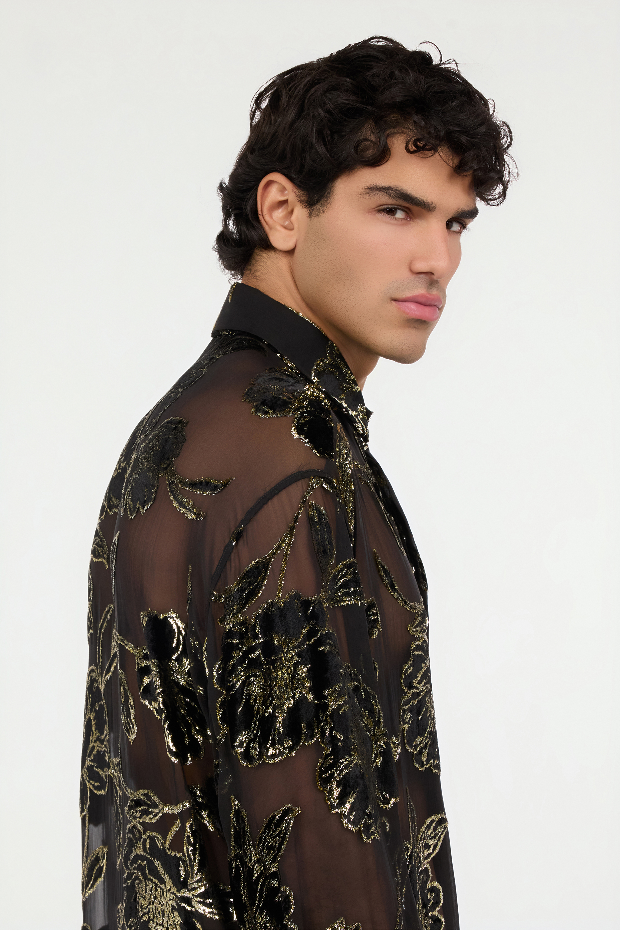Black and Gold See-Through Shirt with Floral Pattern