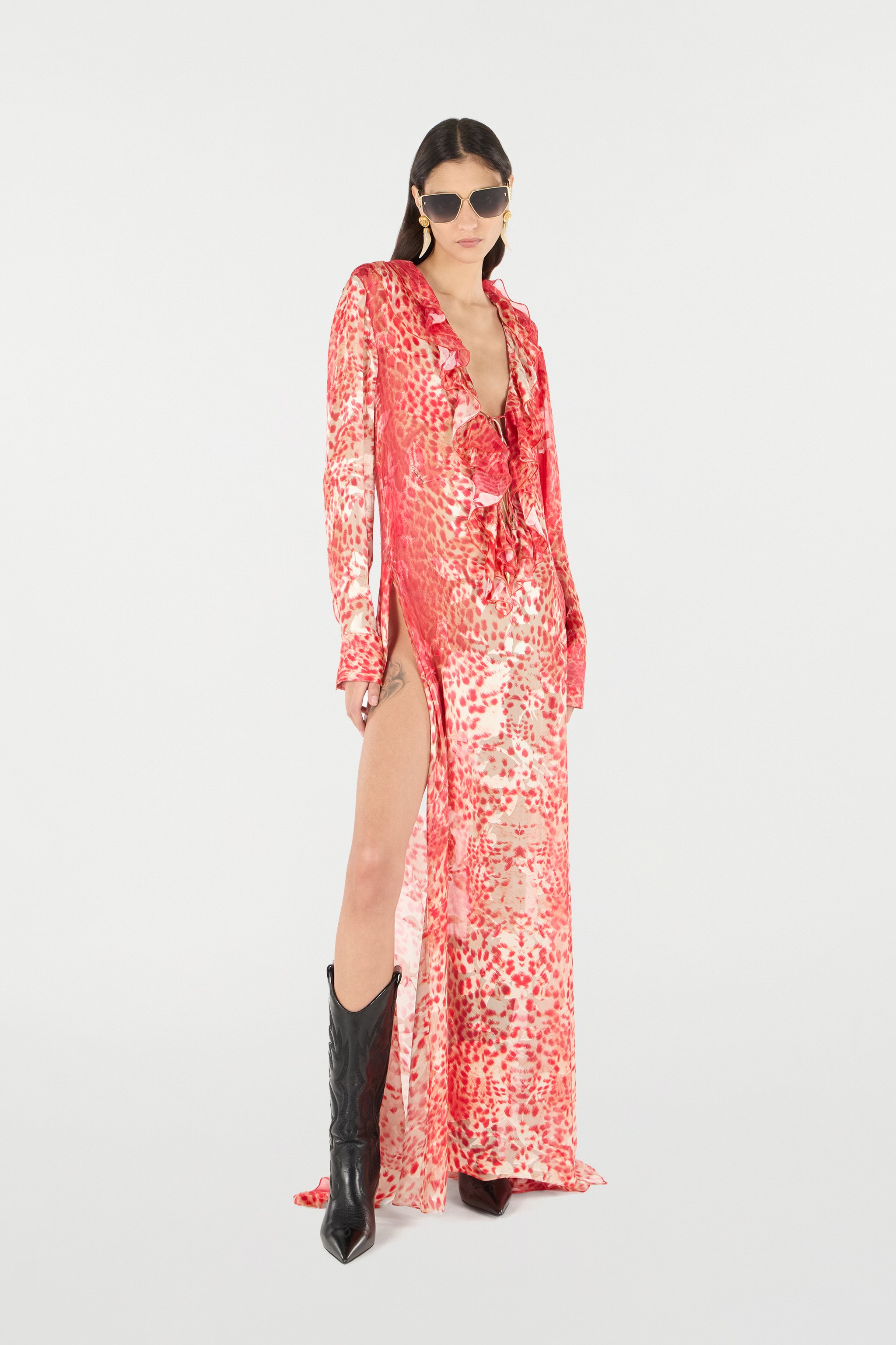 Roberto Cavalli Long Dress With Ruffle And Jaguar Skin Print In Red