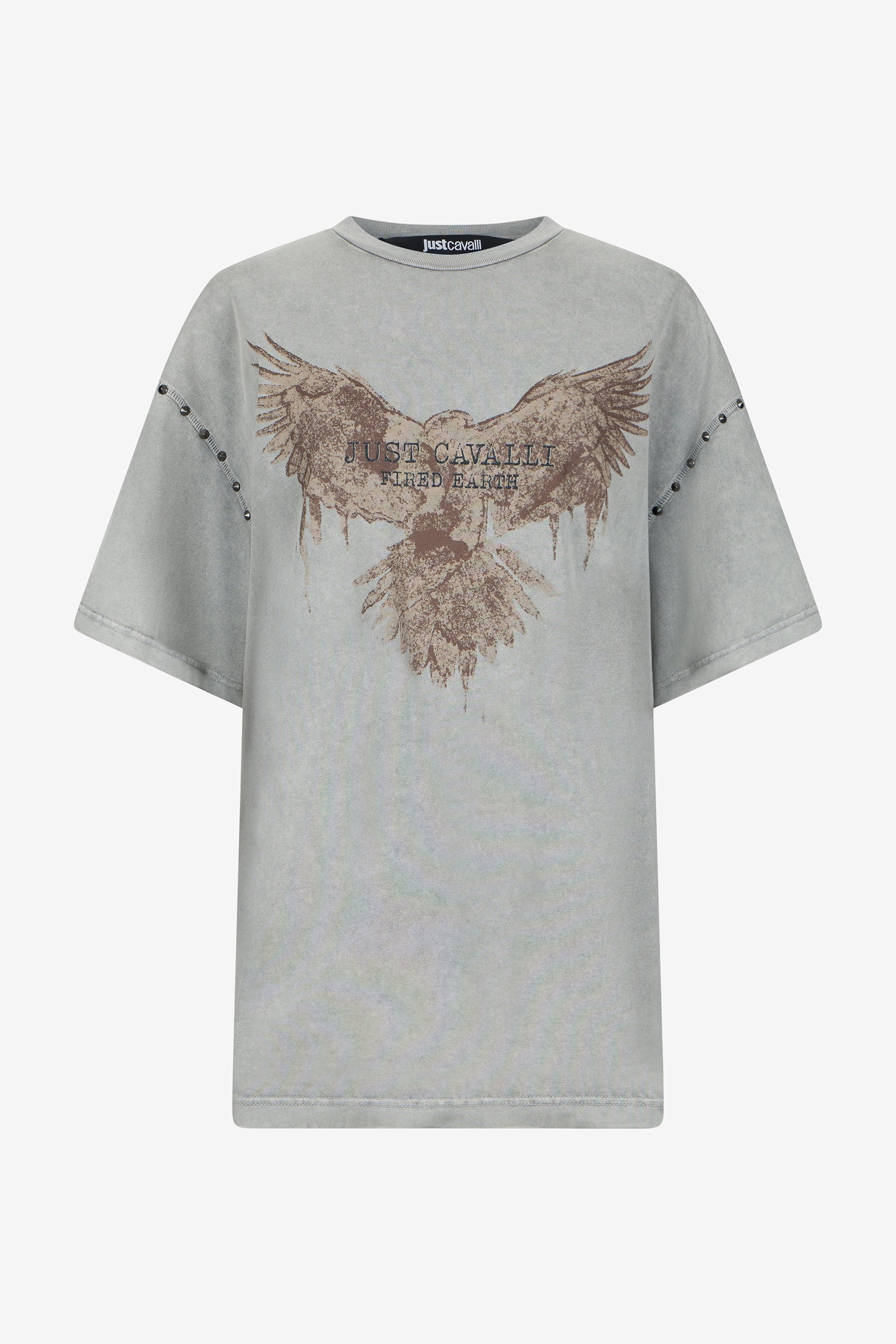 Roberto Cavalli Grey T-shirt With Eagle Print And Studs In Gray