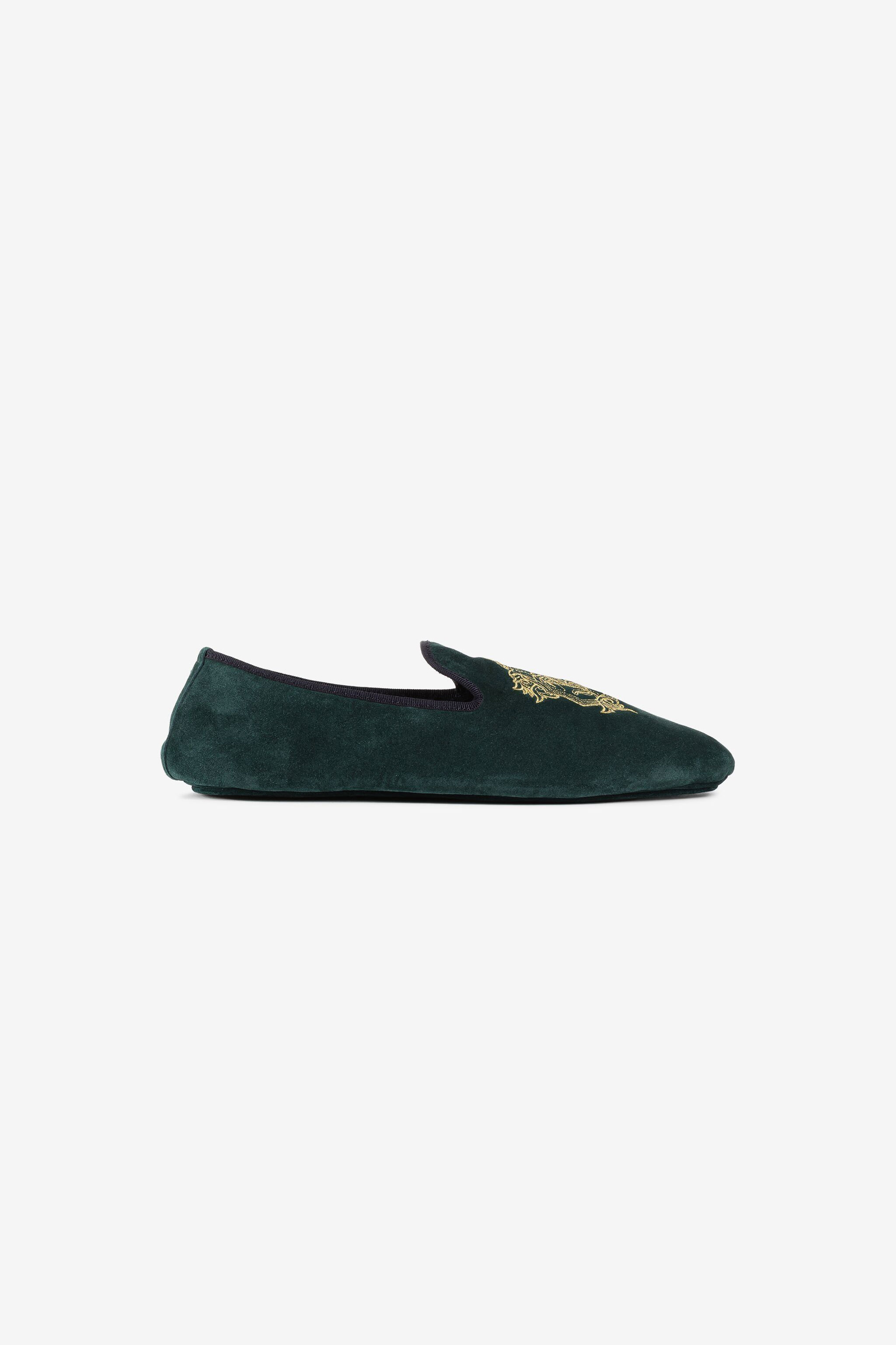  Roberto Cavalli Mirror Snake Crest-embroidered Velvet Slippers - Male Loafers & Moccasins Dark Green 40 