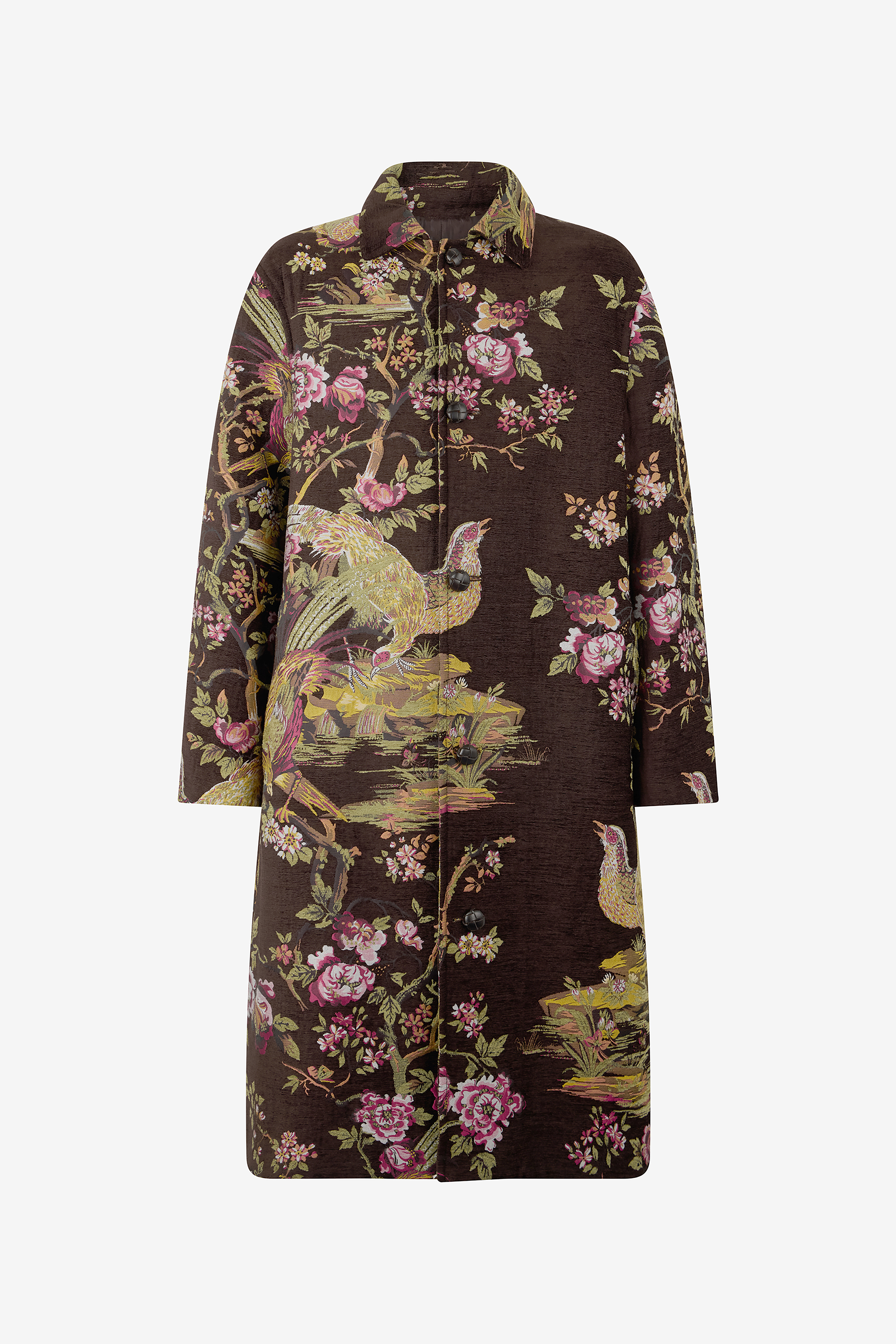 Roberto Cavalli Men's Brown Wool-Blend Coat With Oriental Bird Print - Promo Sale Fw2025