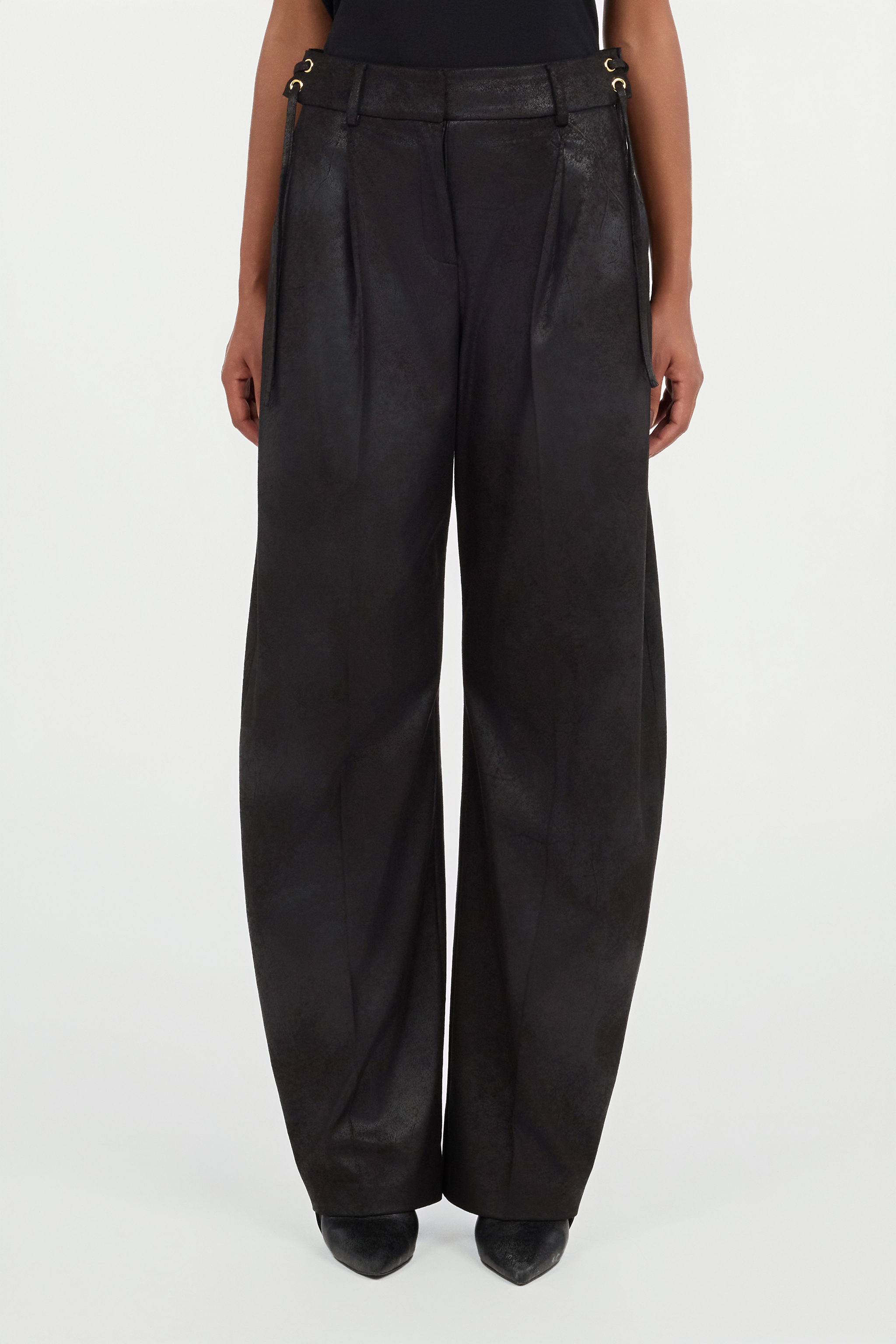 Black Wide-Leg Trousers With Tie Details