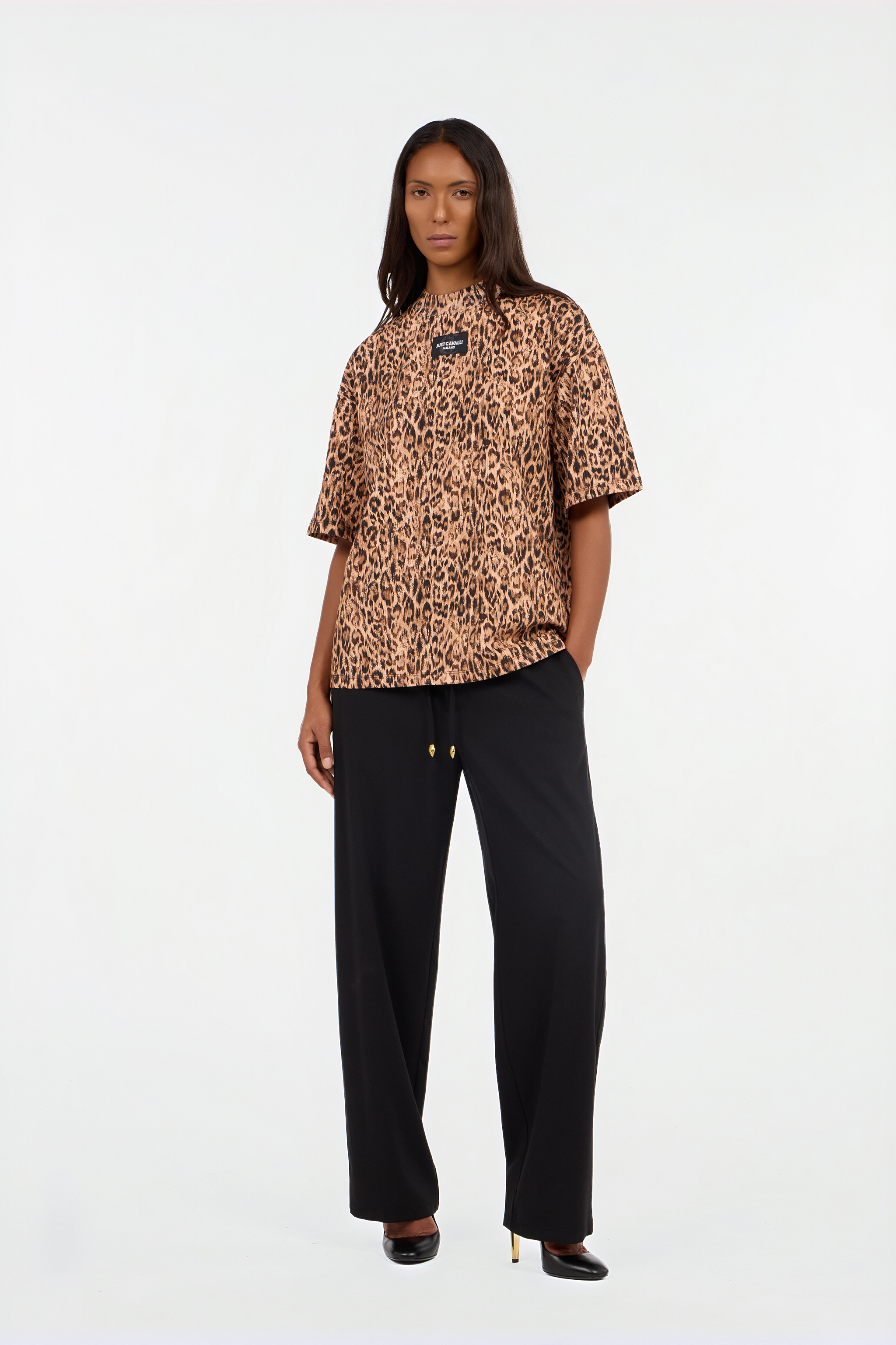 Roberto Cavalli Cotton T-shirt With Leopard Skin Print In Brown