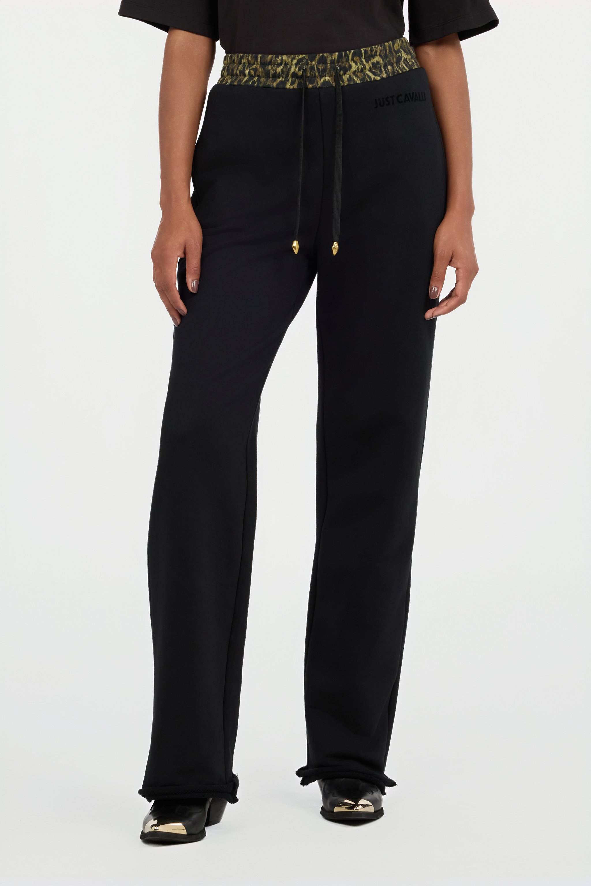 Roberto Cavalli Black Flared Trousers With Leopard Print Waistband In Brown