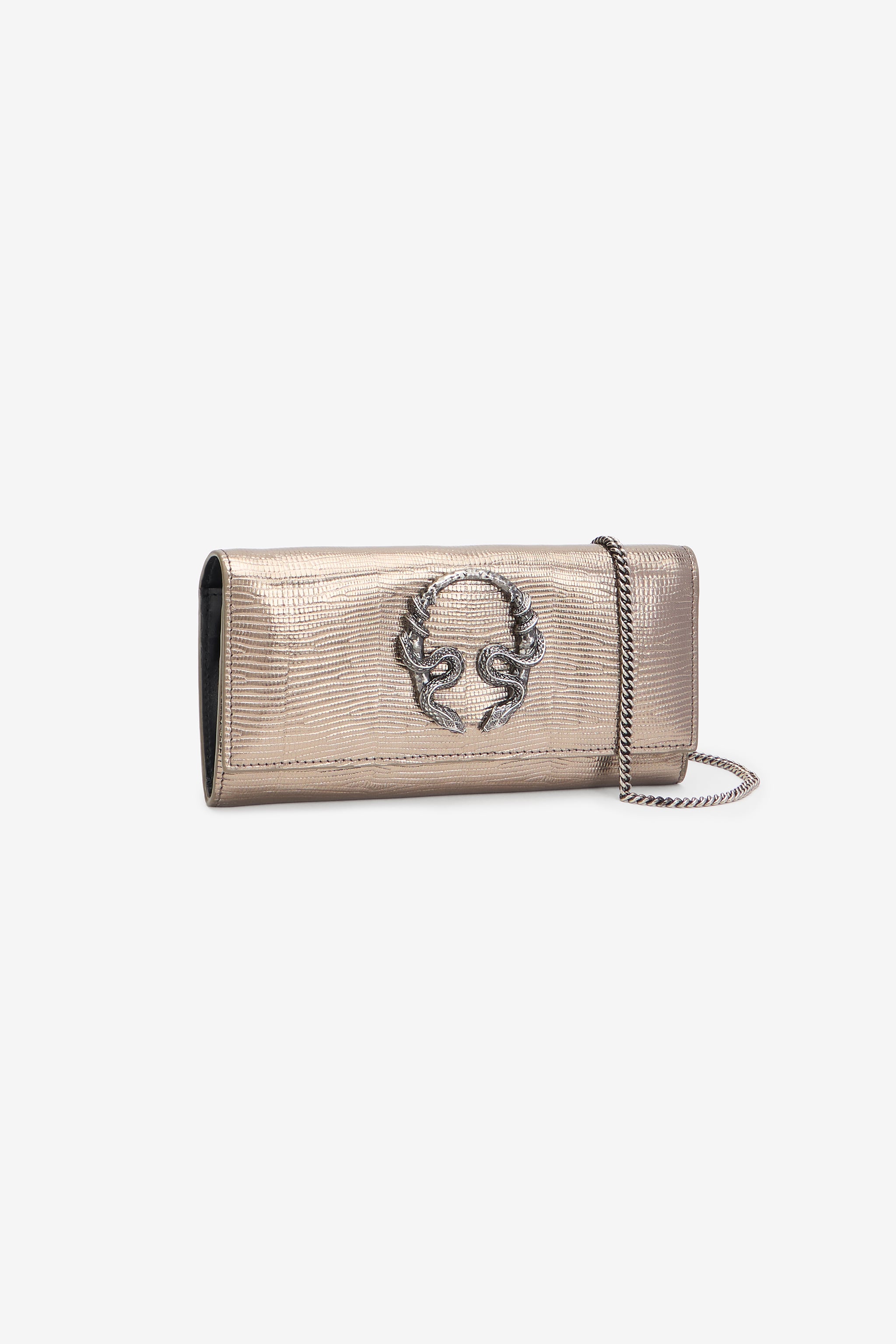  Roberto Cavalli Serpentine Gold Lizard-effect Wallet On Chain - Female Small Leather Goods Silver Unica 