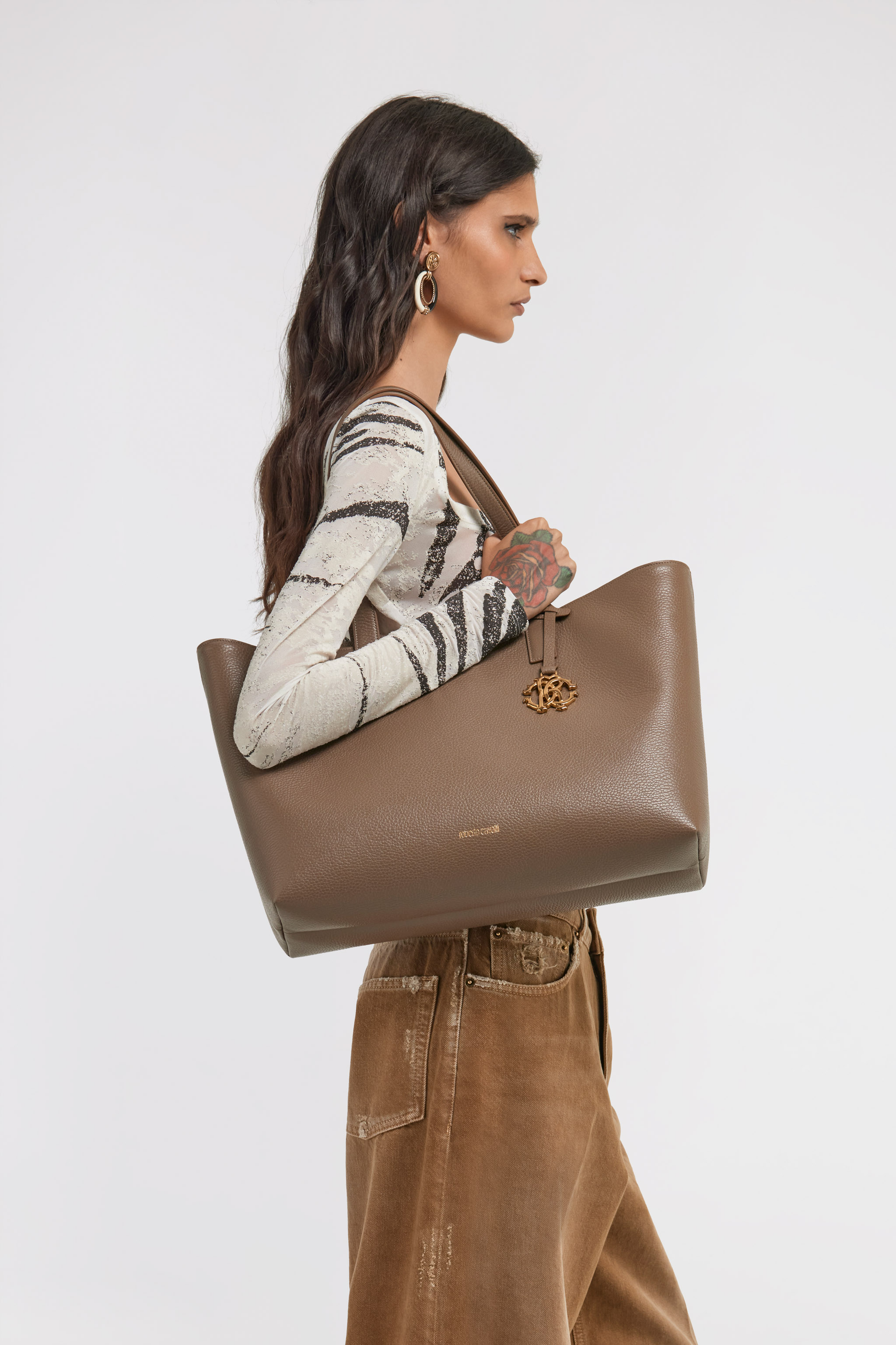 Roberto Cavalli Leather Tote Bag In Dark Brown