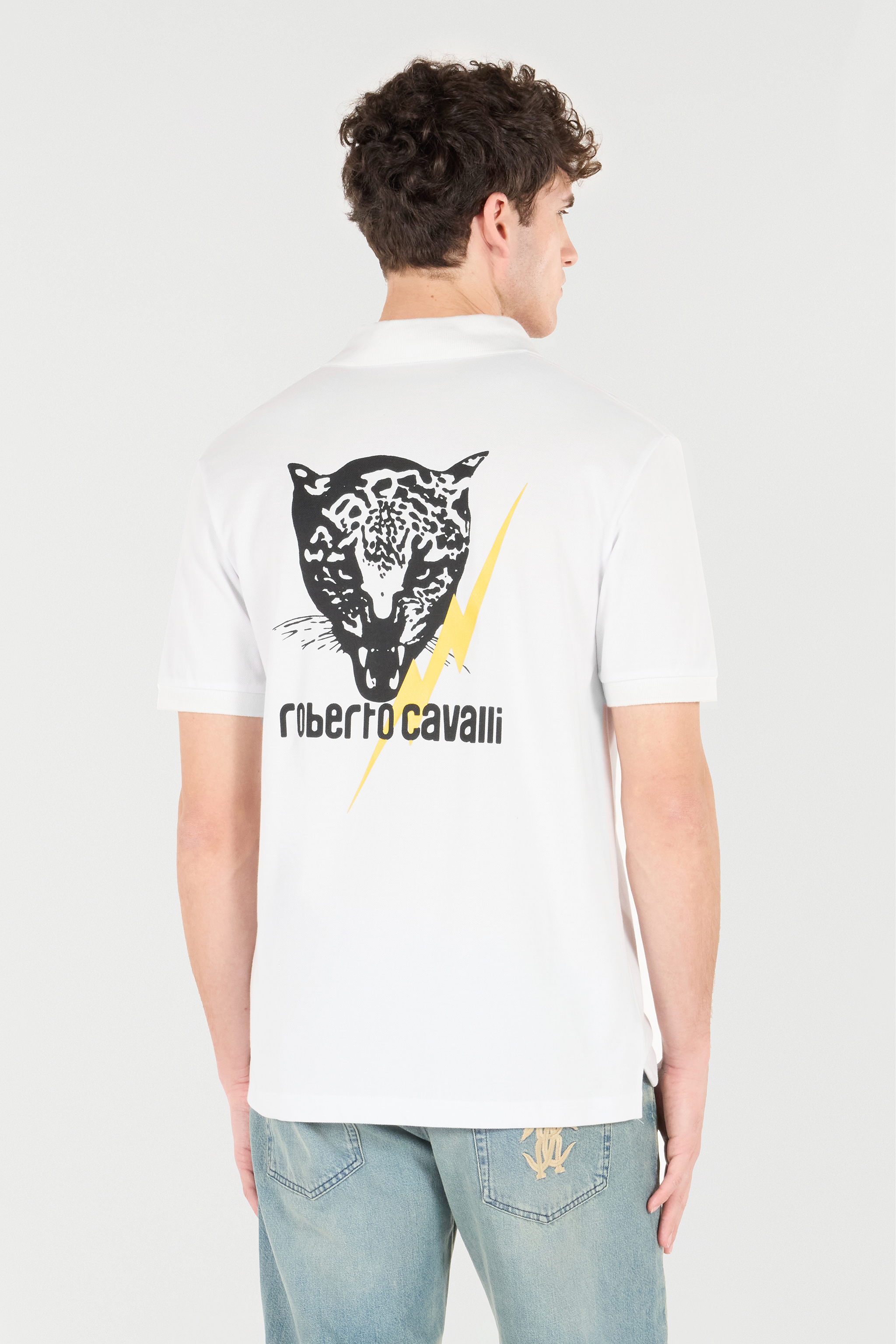 Roberto Cavalli Polo Shirt With Print And Logo In White