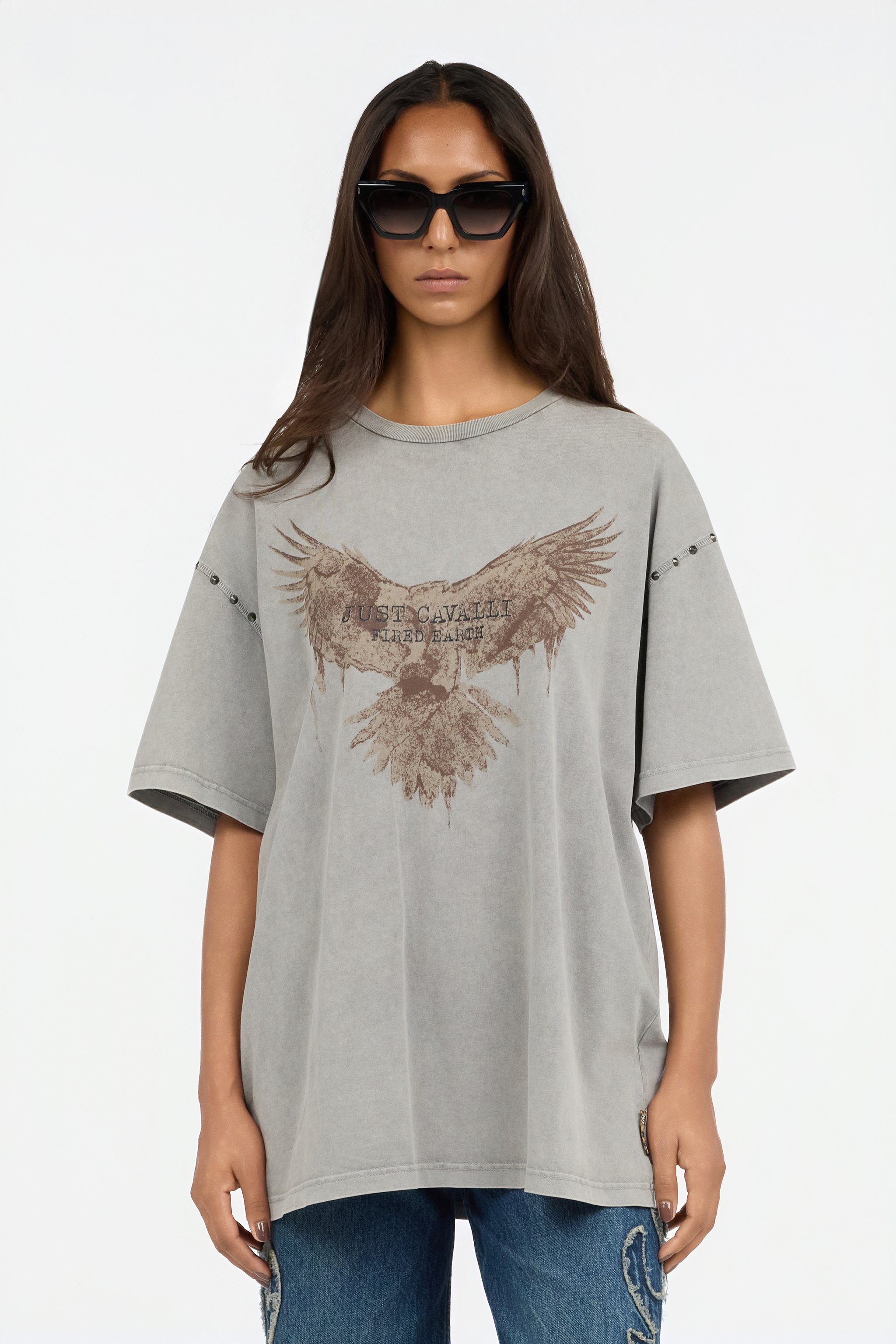 Roberto Cavalli Grey T-shirt With Eagle Print And Studs In Gray