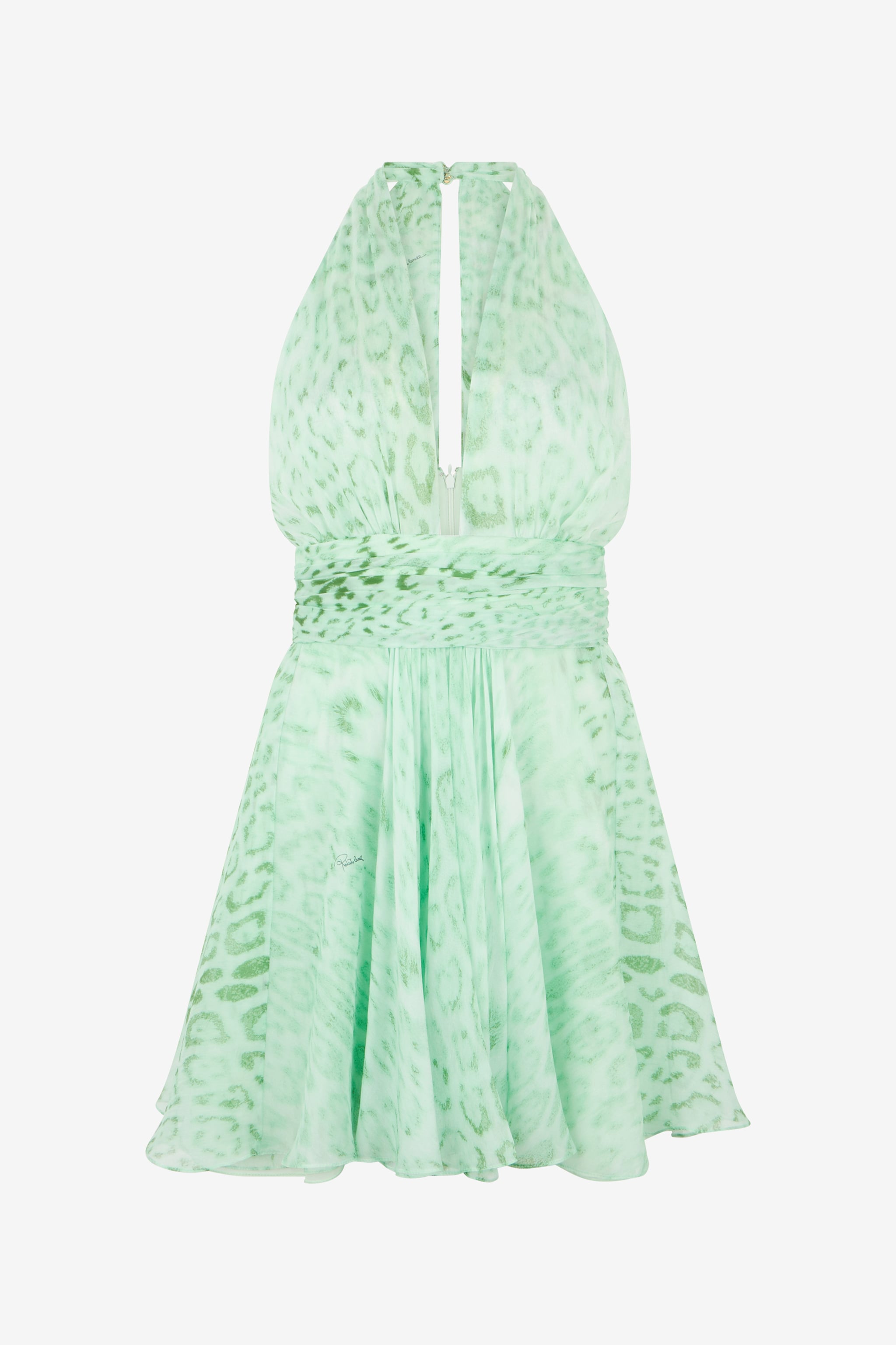 Roberto Cavalli Jaguar Mint Print Silk Mini Dress
