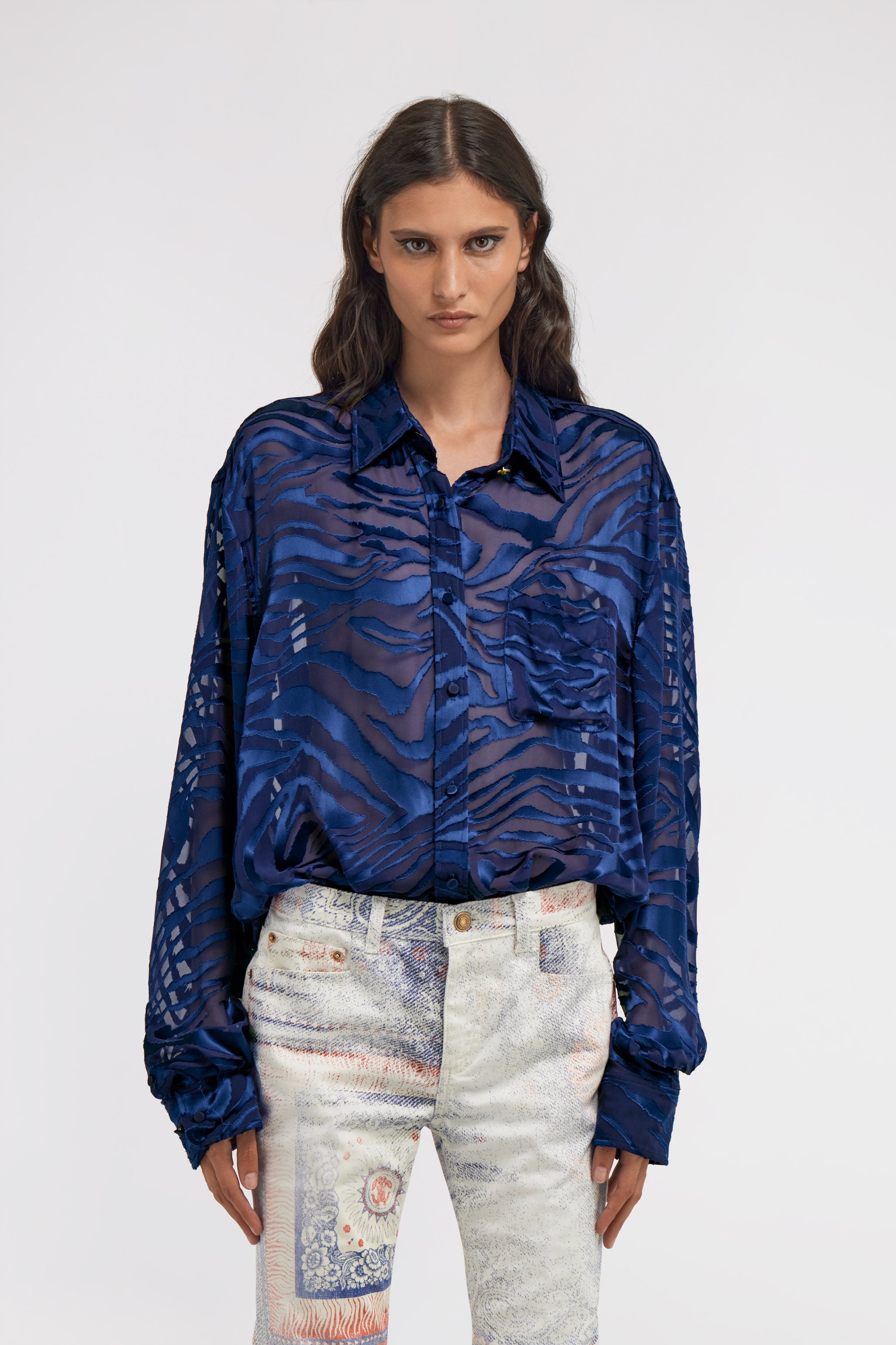 Roberto Cavalli Sheer Zebra Shirt In Blue