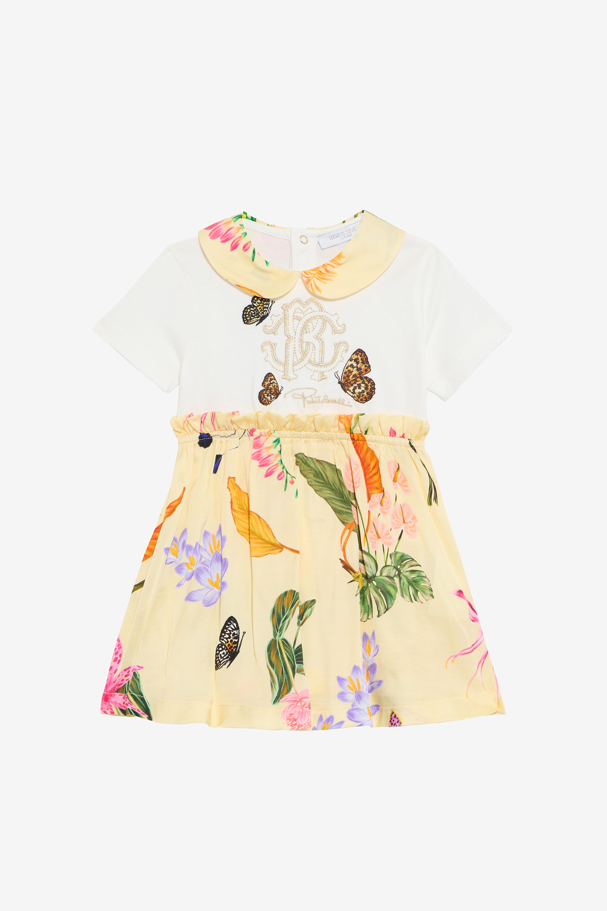 Roberto Cavalli Milk White And Yellow Dress With Tropical Print In Yellow