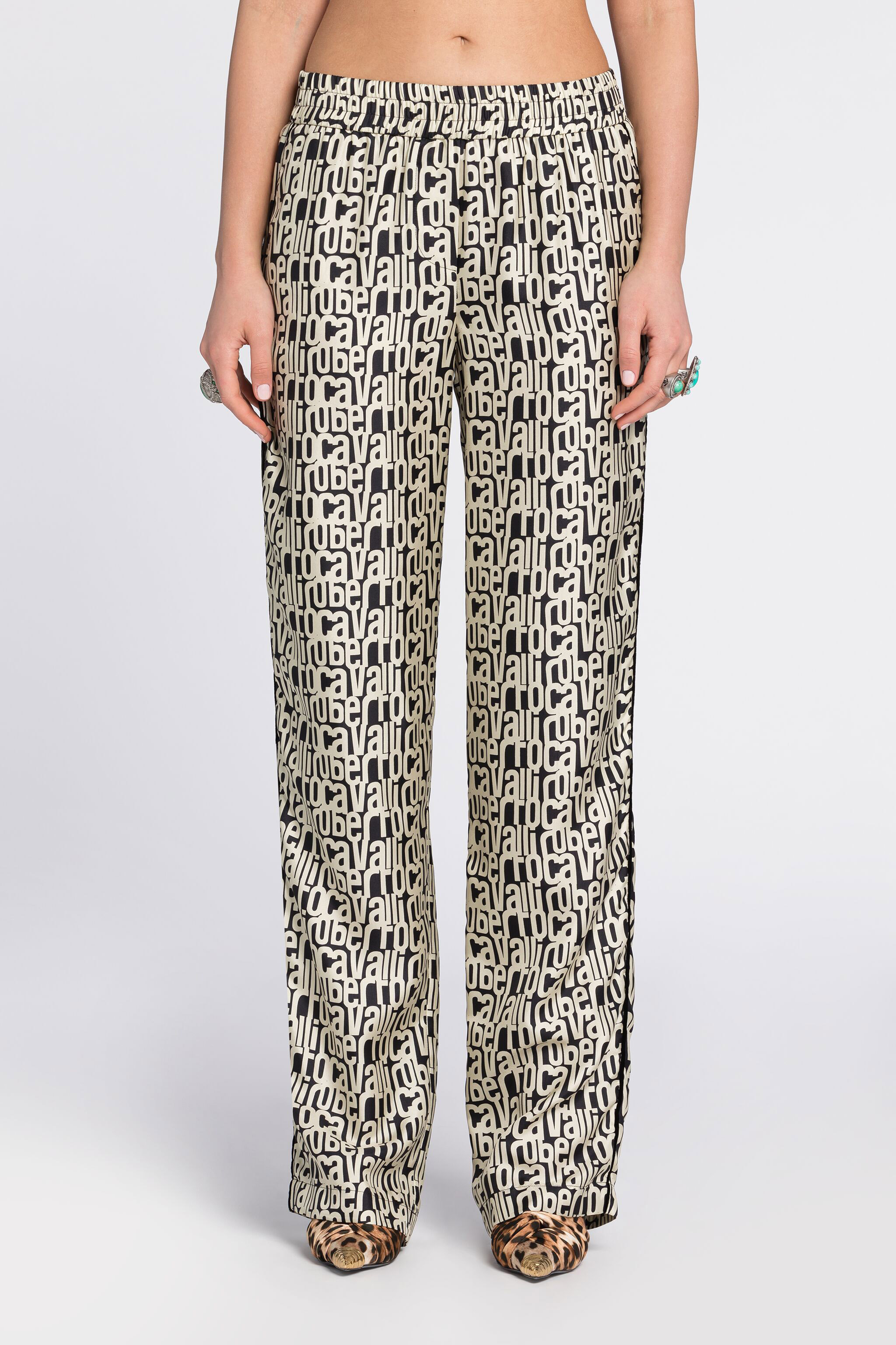 Roberto Cavalli Logo-print Silk Trousers In Black/white