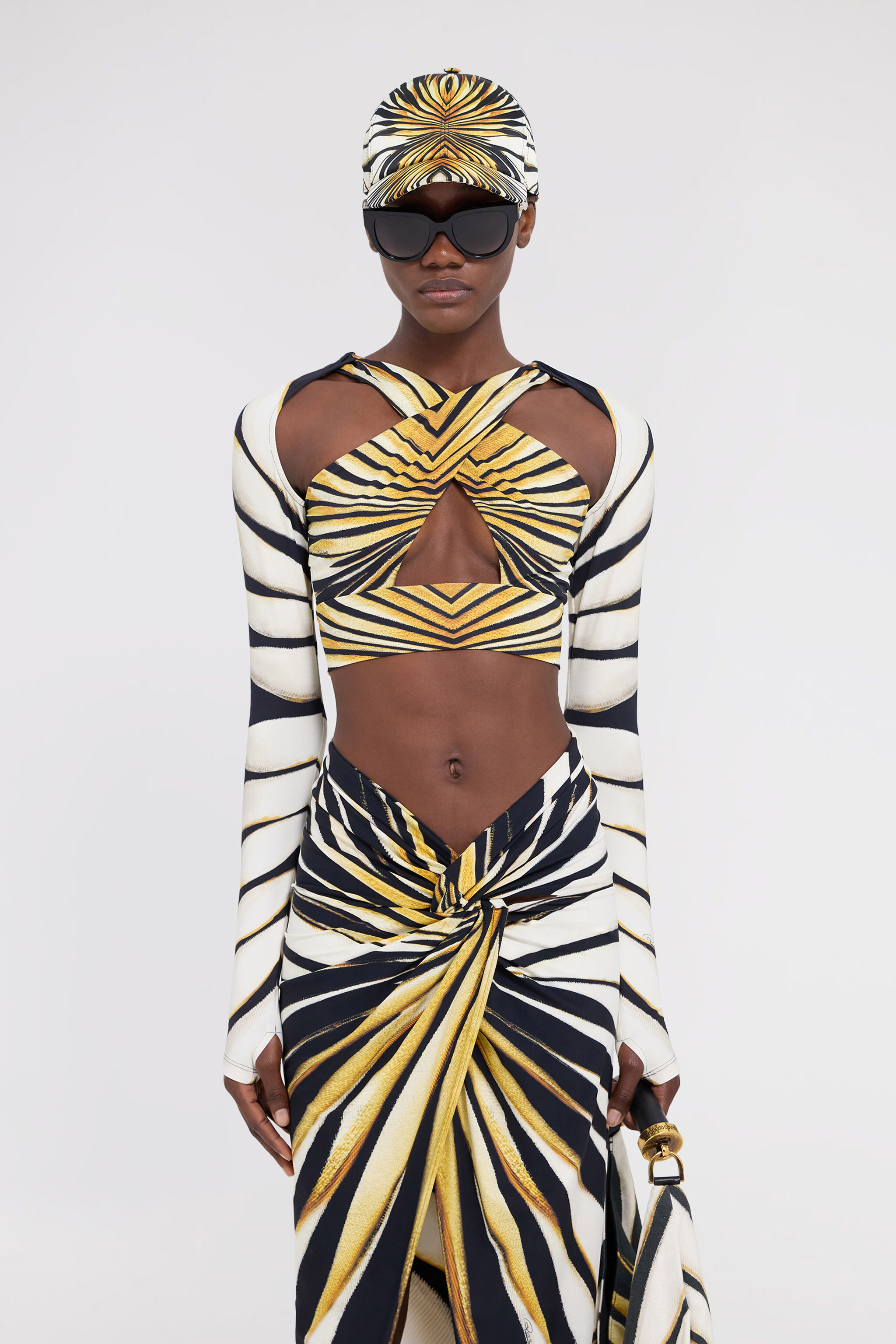Roberto Cavalli Ray Of Gold Print Cropped Top In Gold