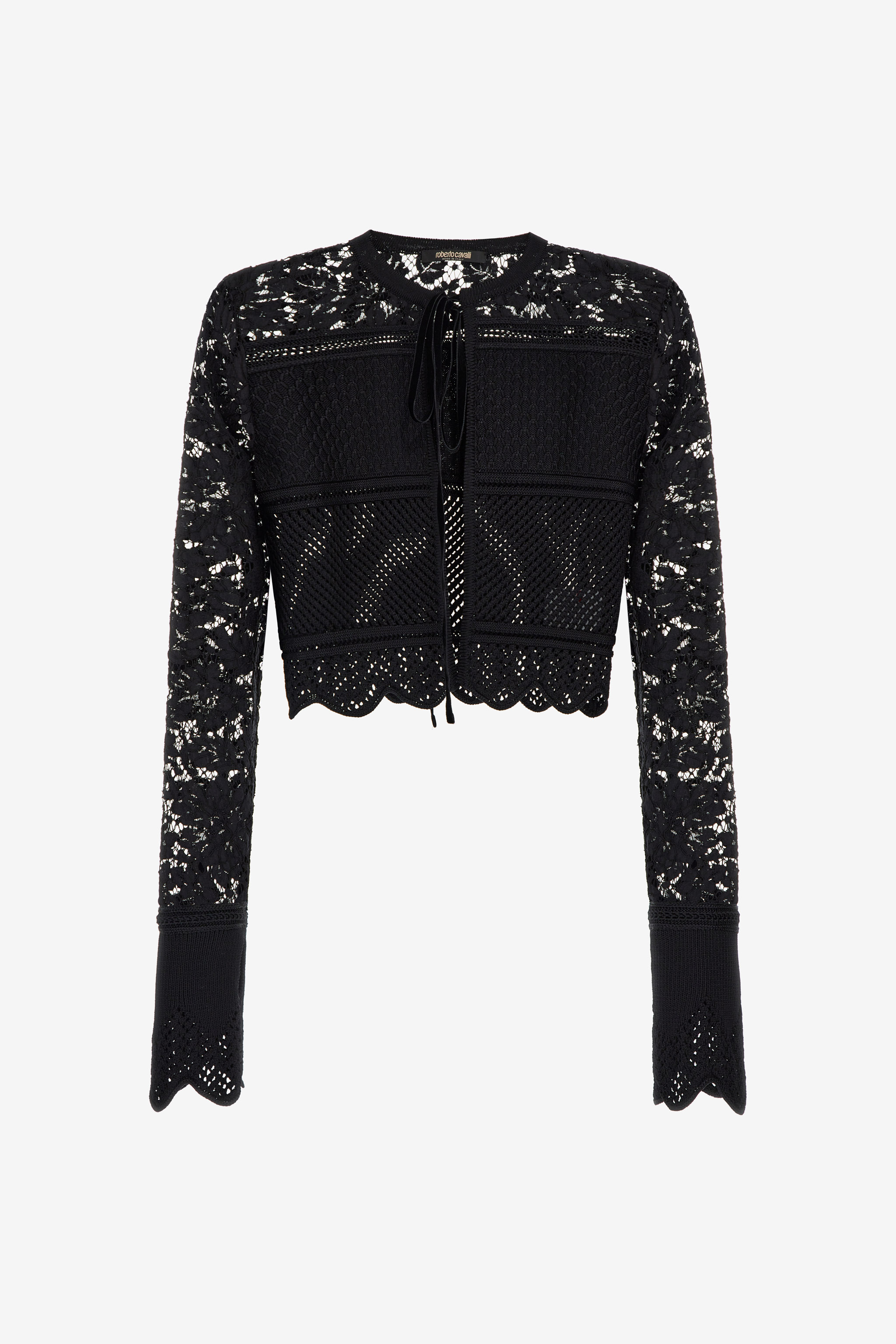 Shop Roberto Cavalli Schwarzer Spitzen-cardigan Mit Bindeband Vorne In Black