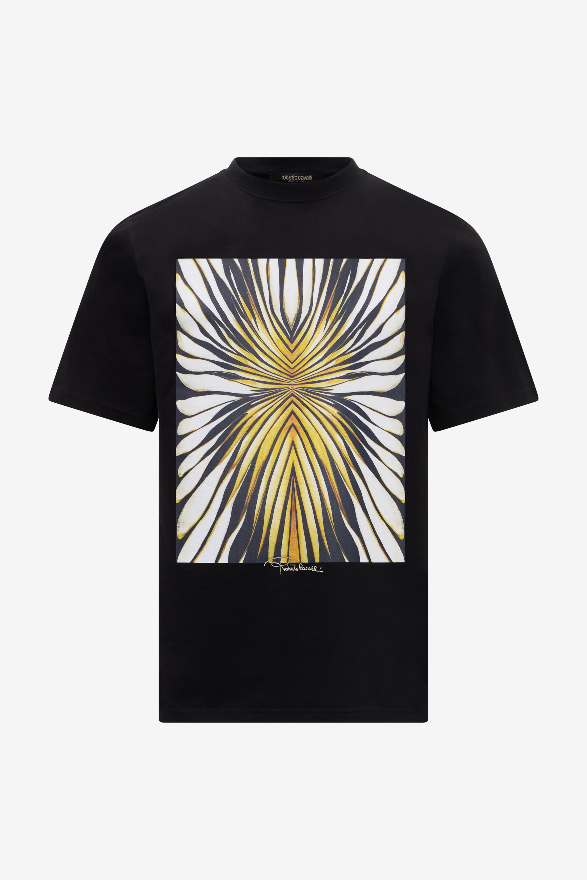 Roberto Cavalli Men's Gold/Black Ray Of Print Pure Cotton T-Shirt - T-Shirts And Polos