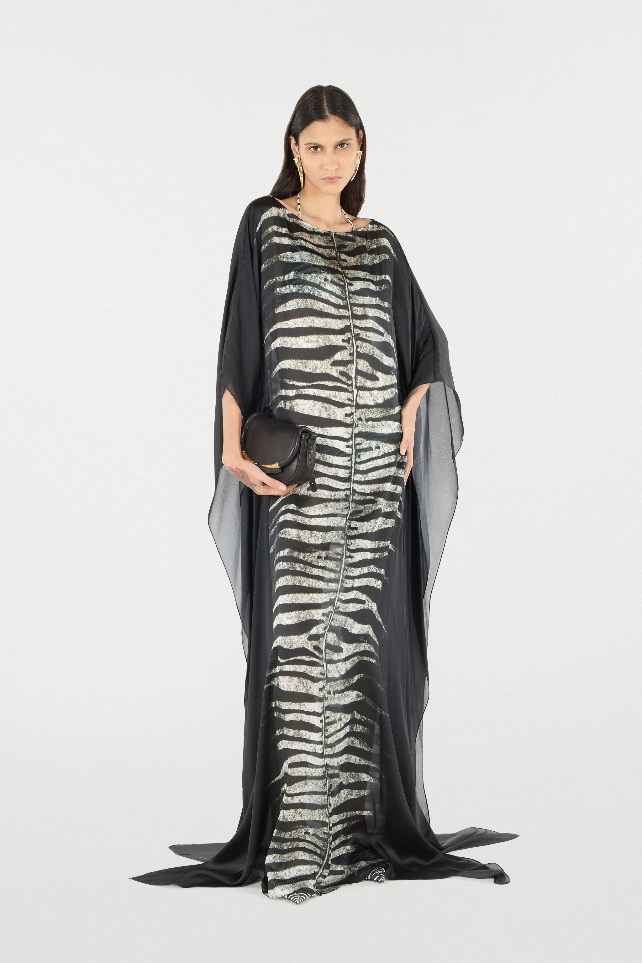 Roberto Cavalli Dress With Belt And Zebra Print In Black/white