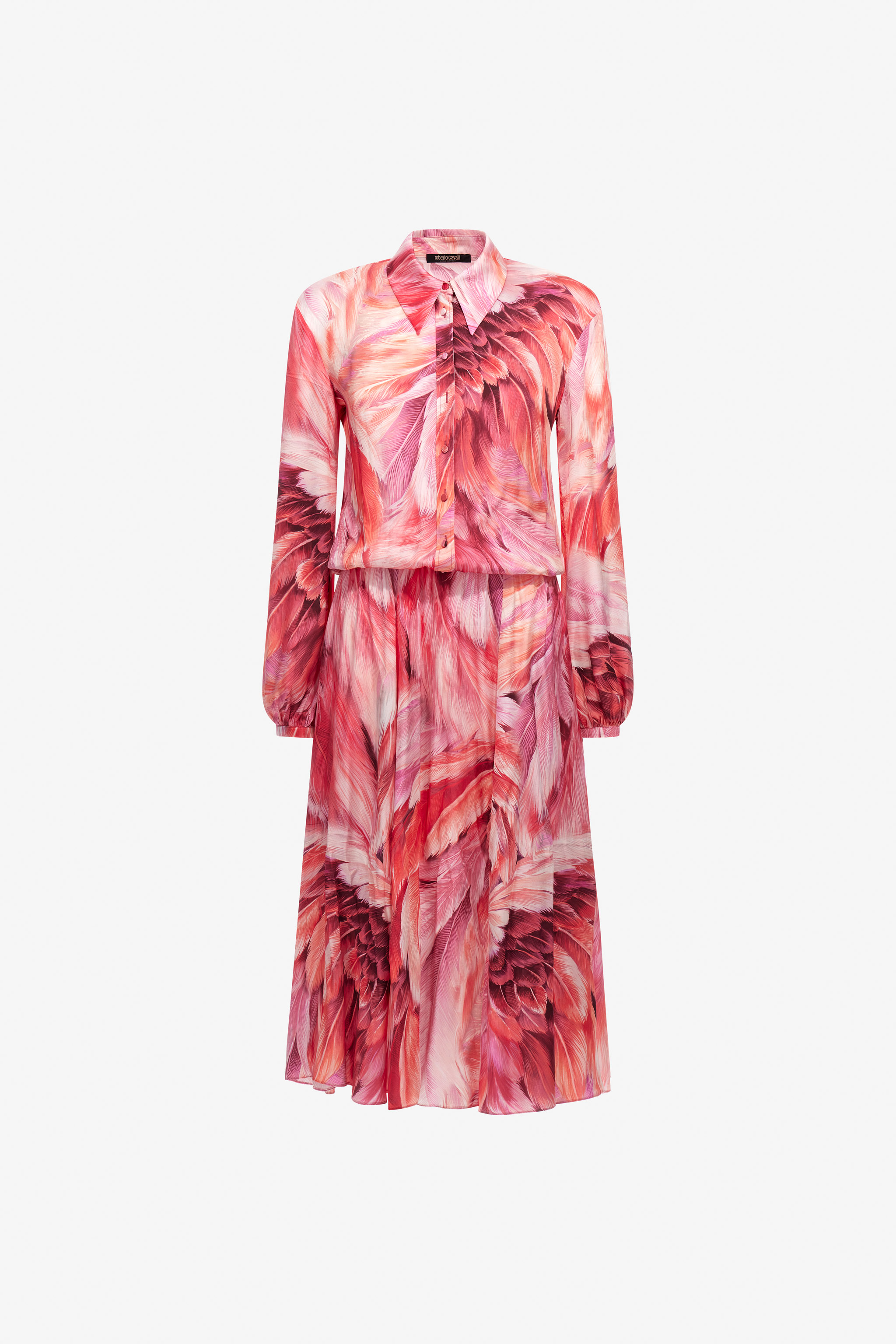 Roberto Cavalli Long Dress Plumage Print In Fuchsia