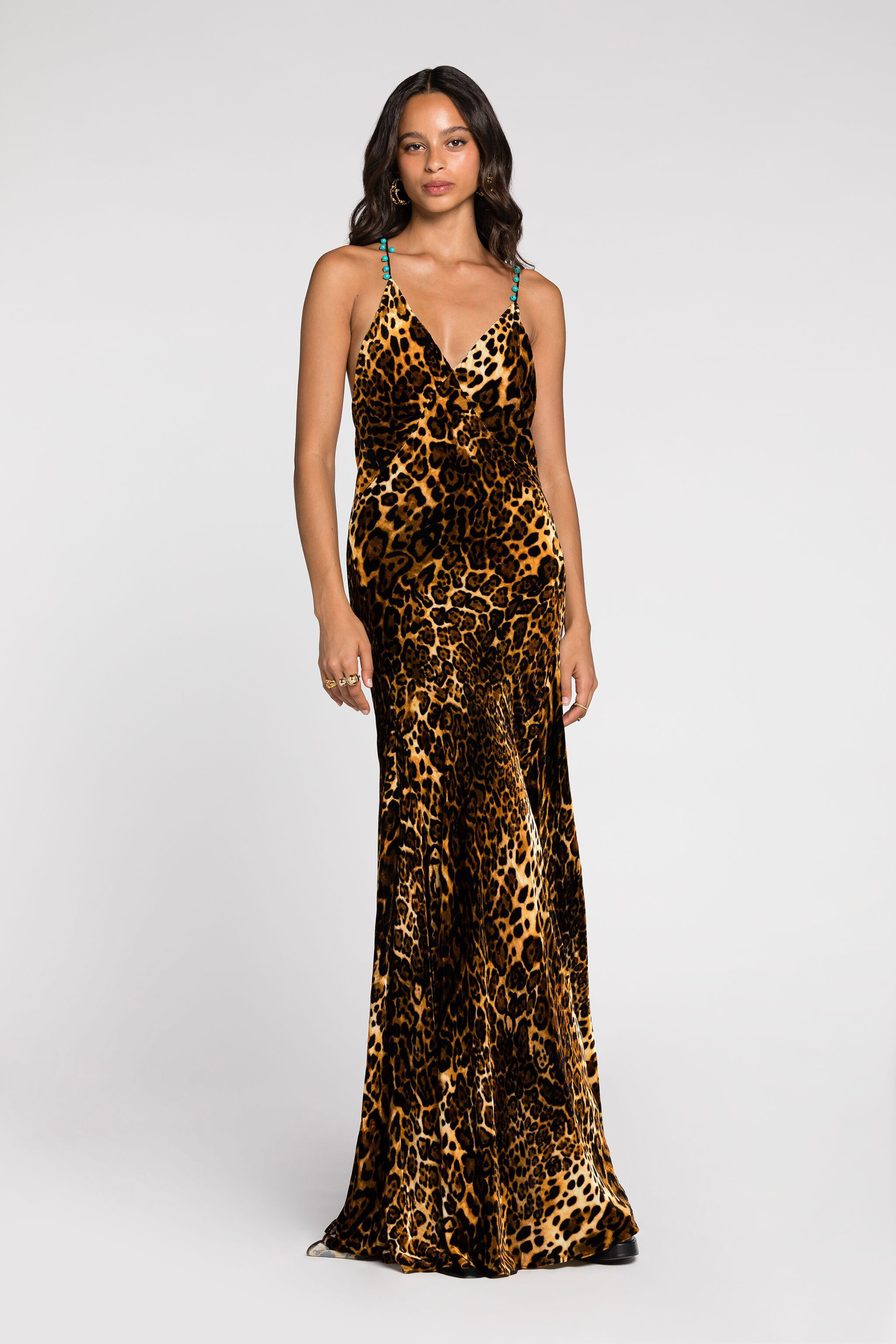 Roberto Cavalli Crisscross Back Leopard Print Maxi Dress In Dark Brown