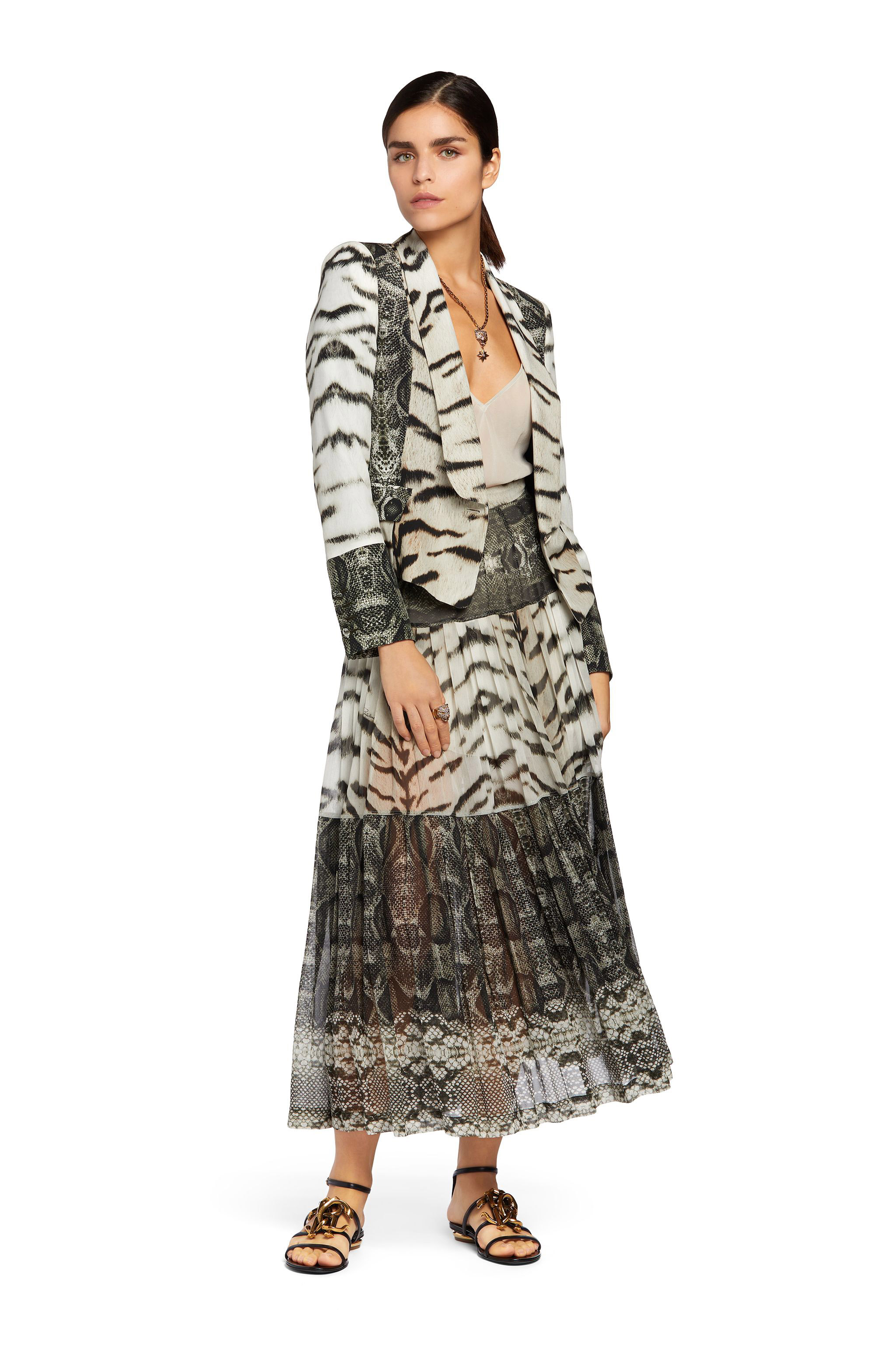 Roberto Cavalli La Tigresse Reptilla Pleated Skirt In White/black/natural