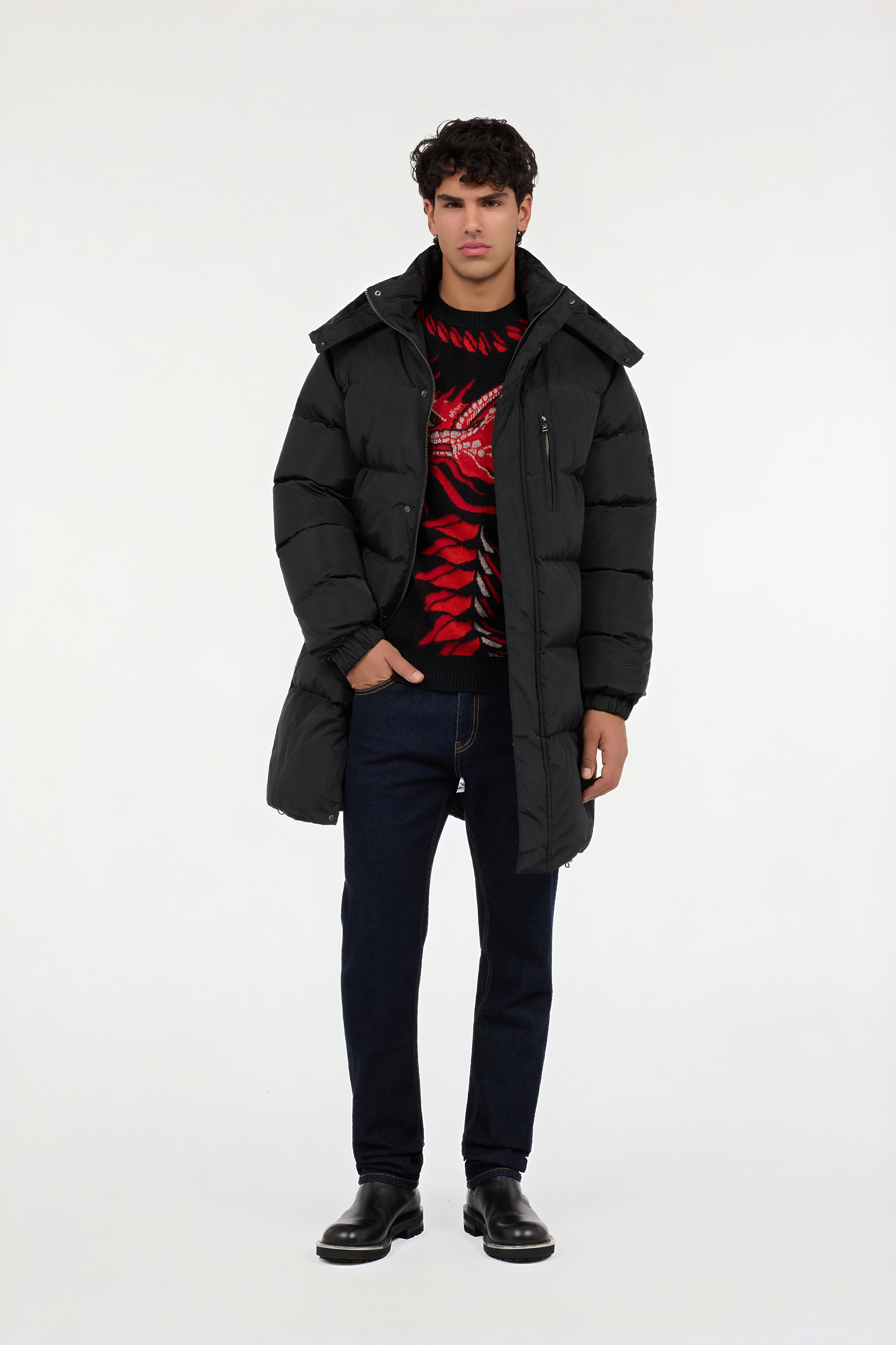 Long black down jacket with hood