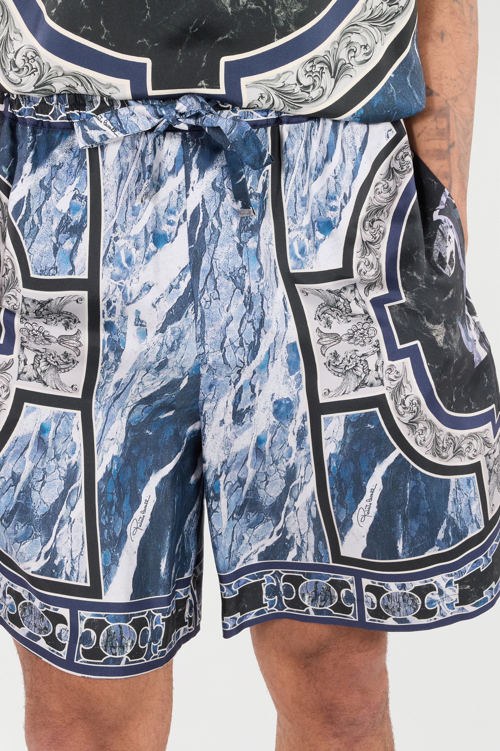 Roberto Cavalli Short With Marble Print And Accents In Blue