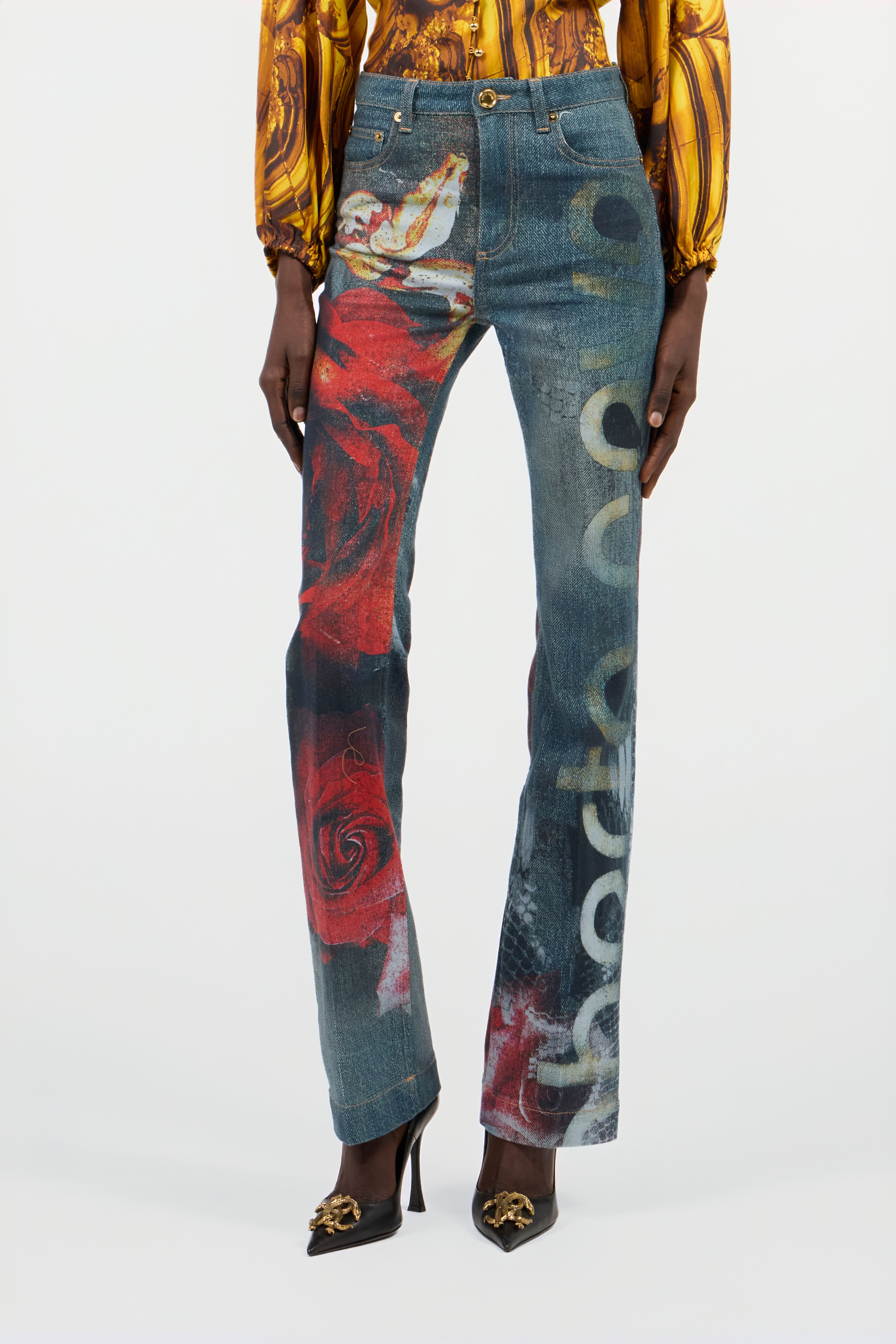 Roberto Cavalli Fit & Flare Jeans With Zebra Print In Black/white
