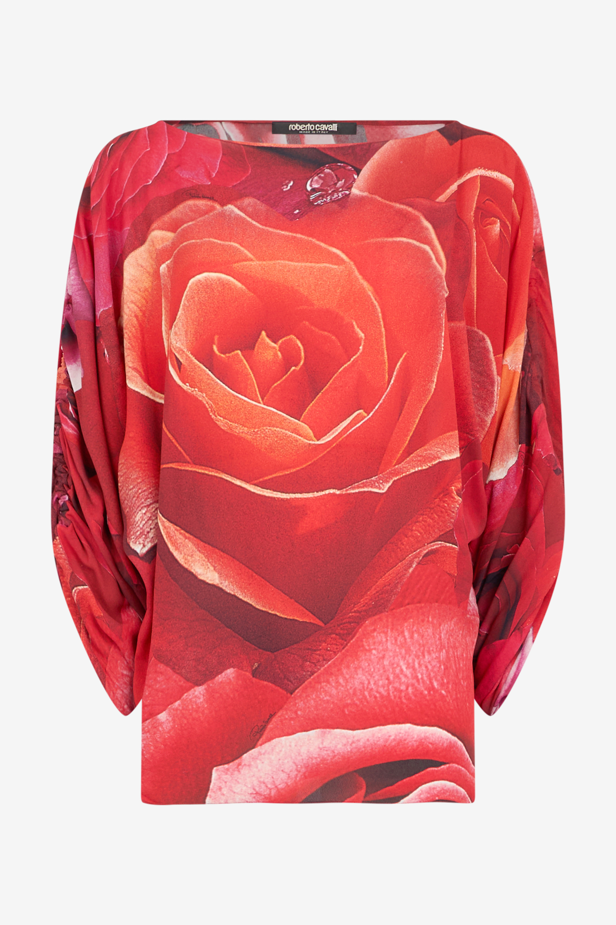 Roberto Cavalli Women's Red Sweater With Gathe Sleeves And Rose Print - Ready To Wear