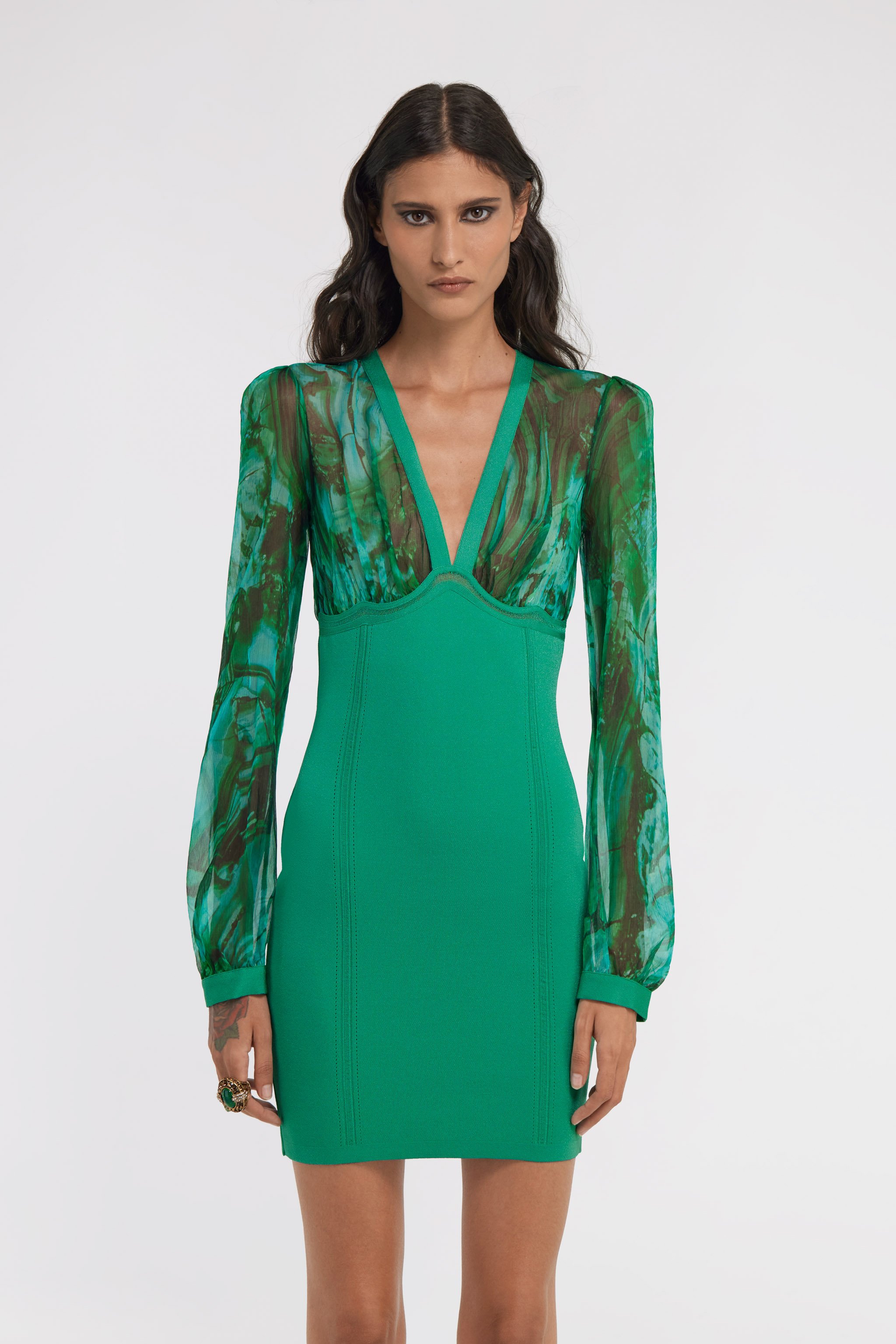 Roberto Cavalli V-neckline Fitted Silhouette Mini Length Sheer Long Sleeves In Green