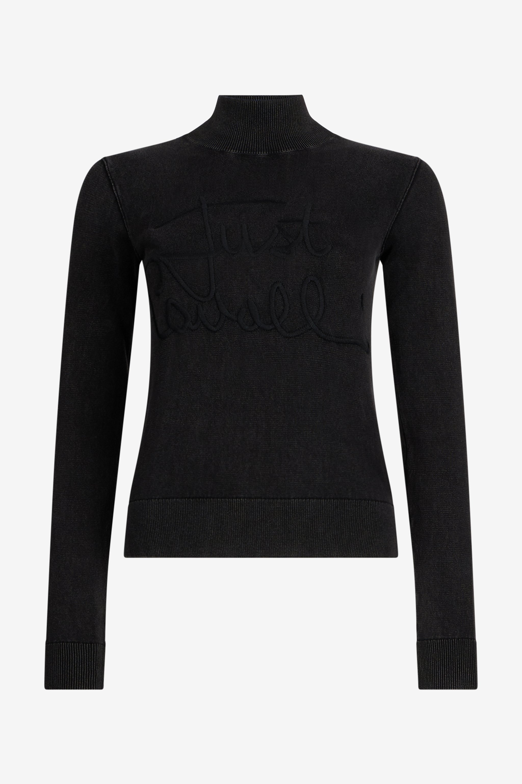 Roberto Cavalli Black Turtleneck Sweater With Embossed Logo In Black