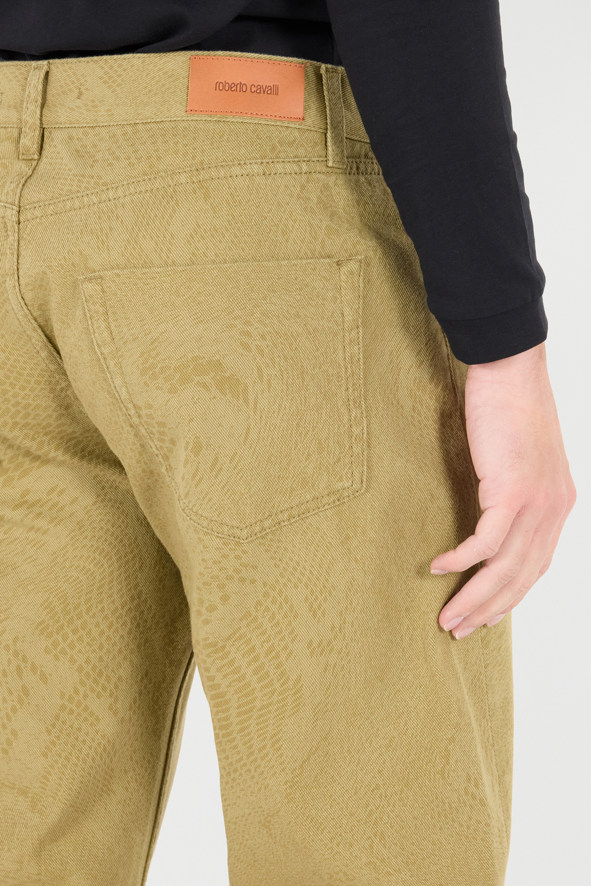 Roberto Cavalli Python-print Five-pocket Pants In Kaki
