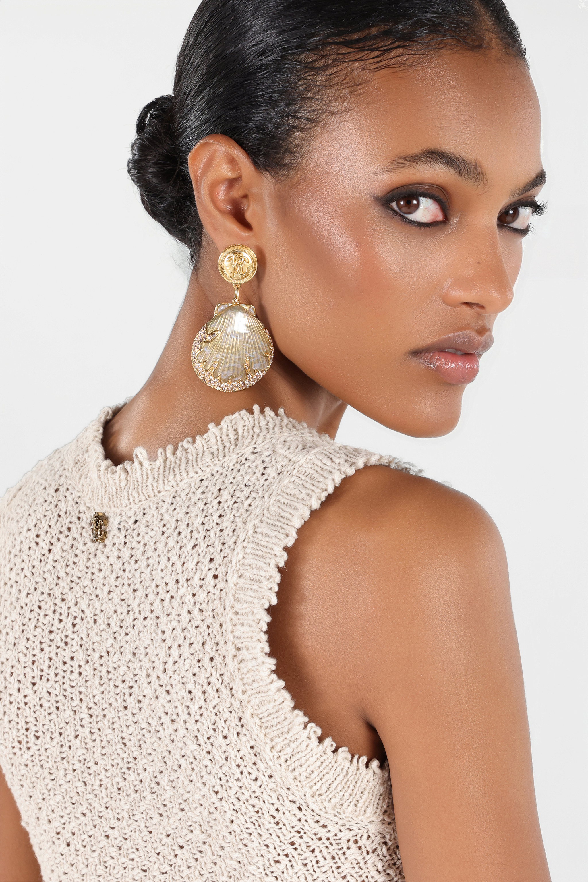 Roberto Cavalli Shell Drop Earrings In Gold