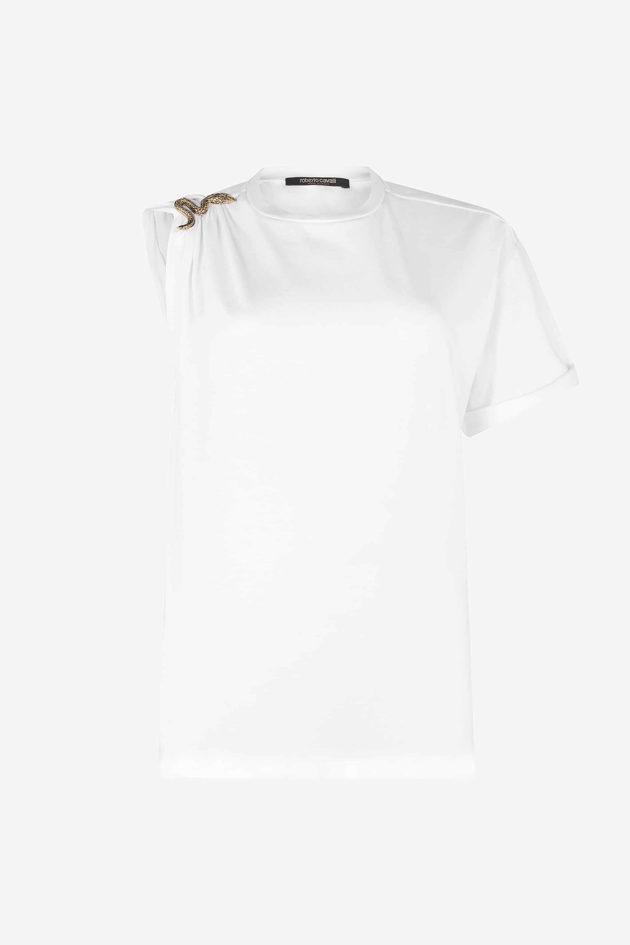 Roberto Cavalli White Asymmetric T-shirt with Snake Motif