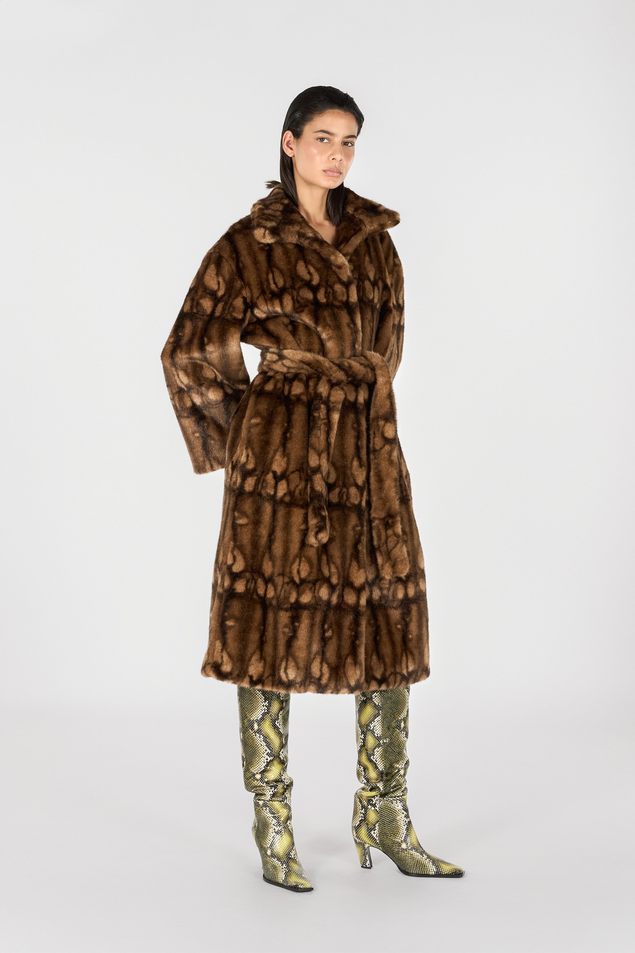 Roberto Cavalli Long Faux Fur Coat With High Collar In Brown