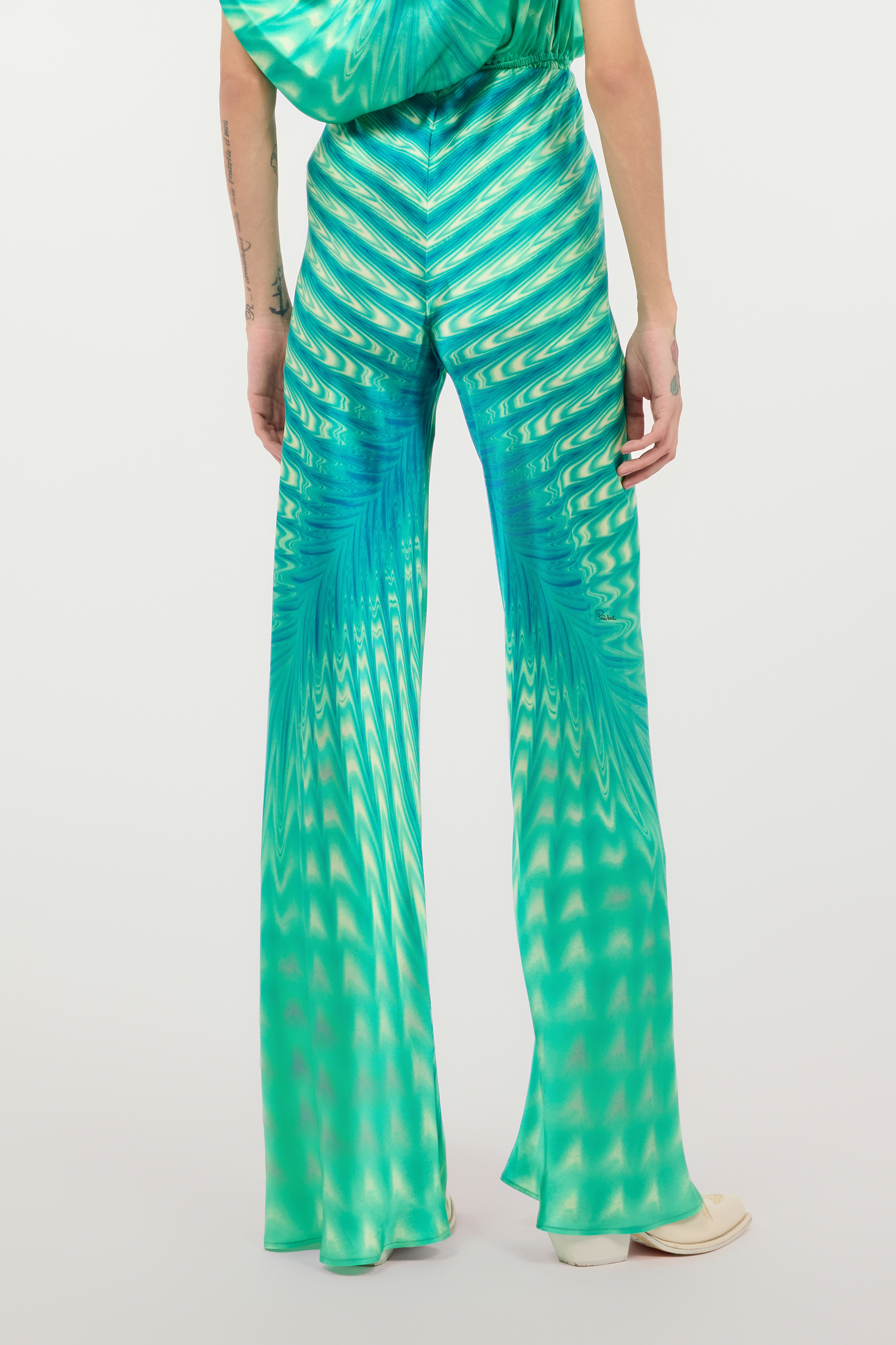 Roberto Cavalli Silk Pants With Optical Glass Print In Verde