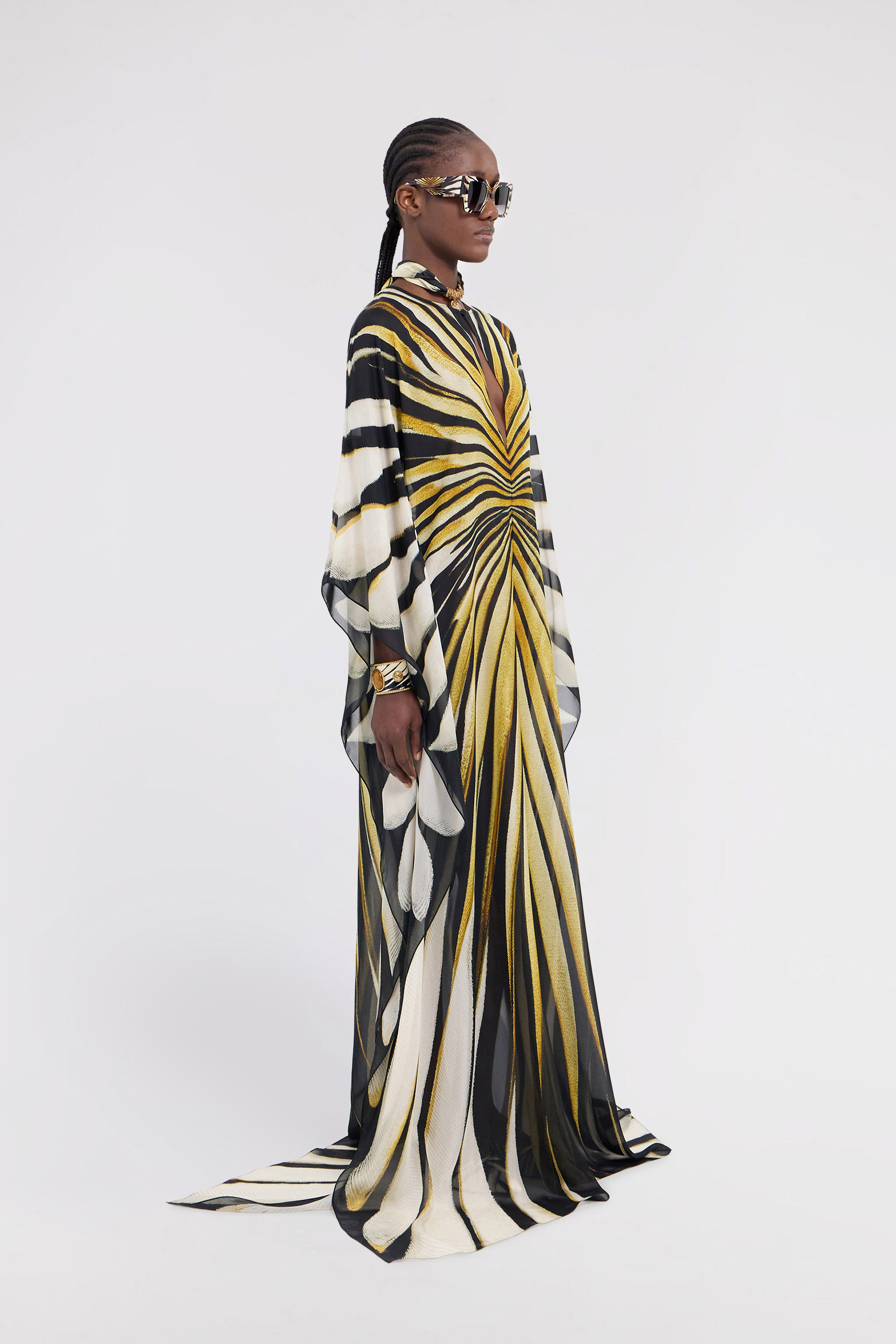 Roberto Cavalli Ray Of Gold Print Chiffon Long Caftan In Gold