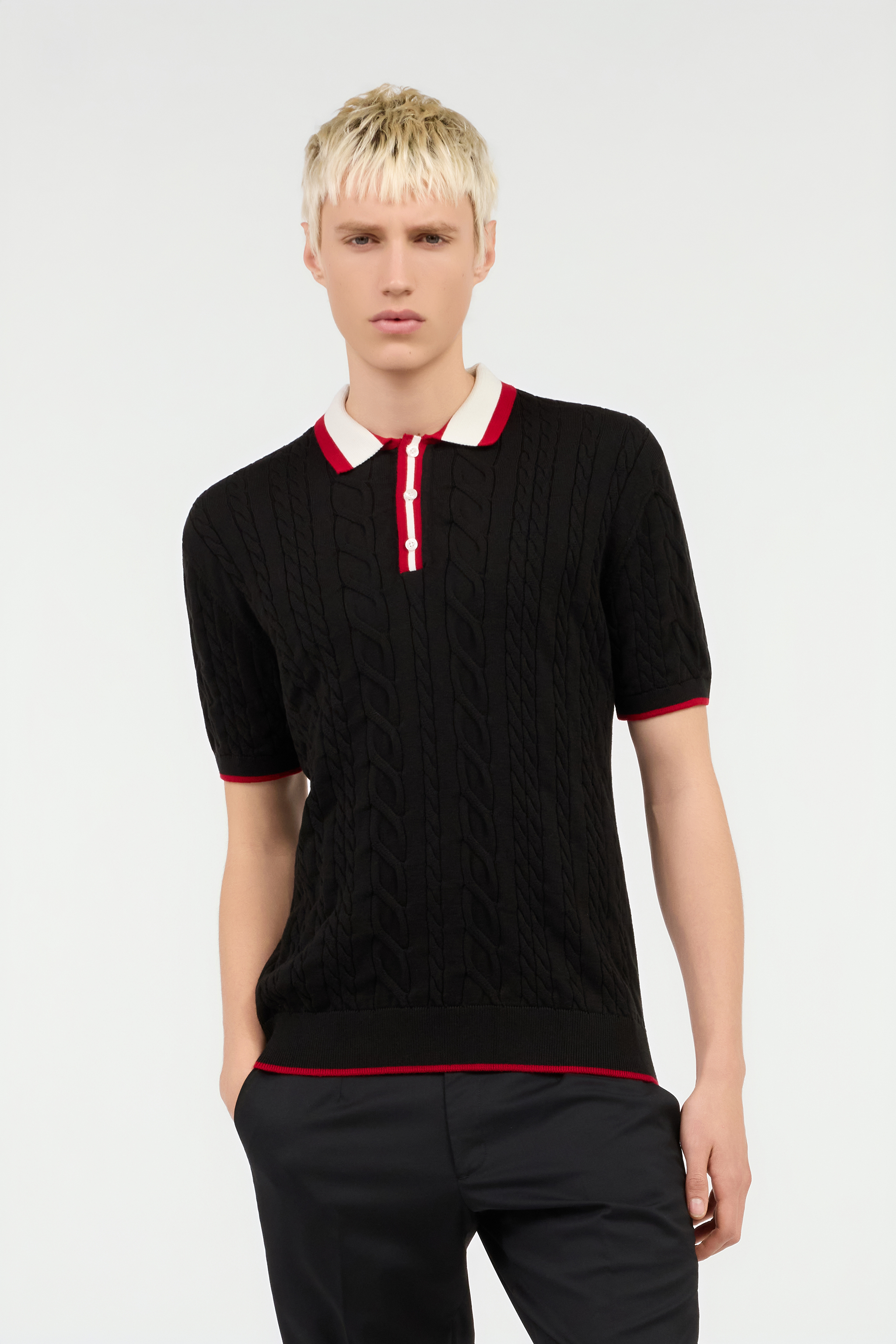 Black Cable Knit Polo With Contrast Trim