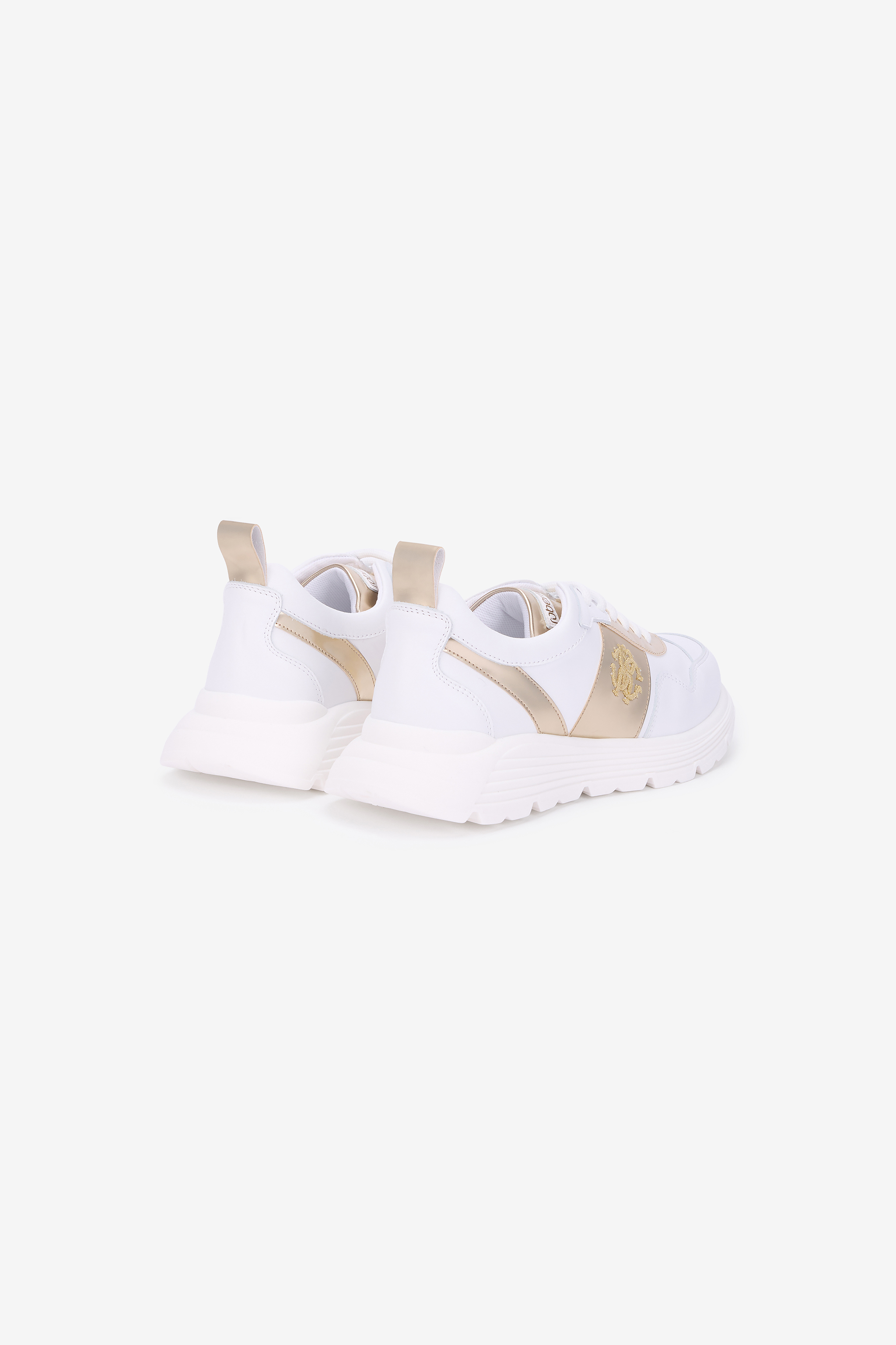 White Running Shoes With Gold Monogram RC