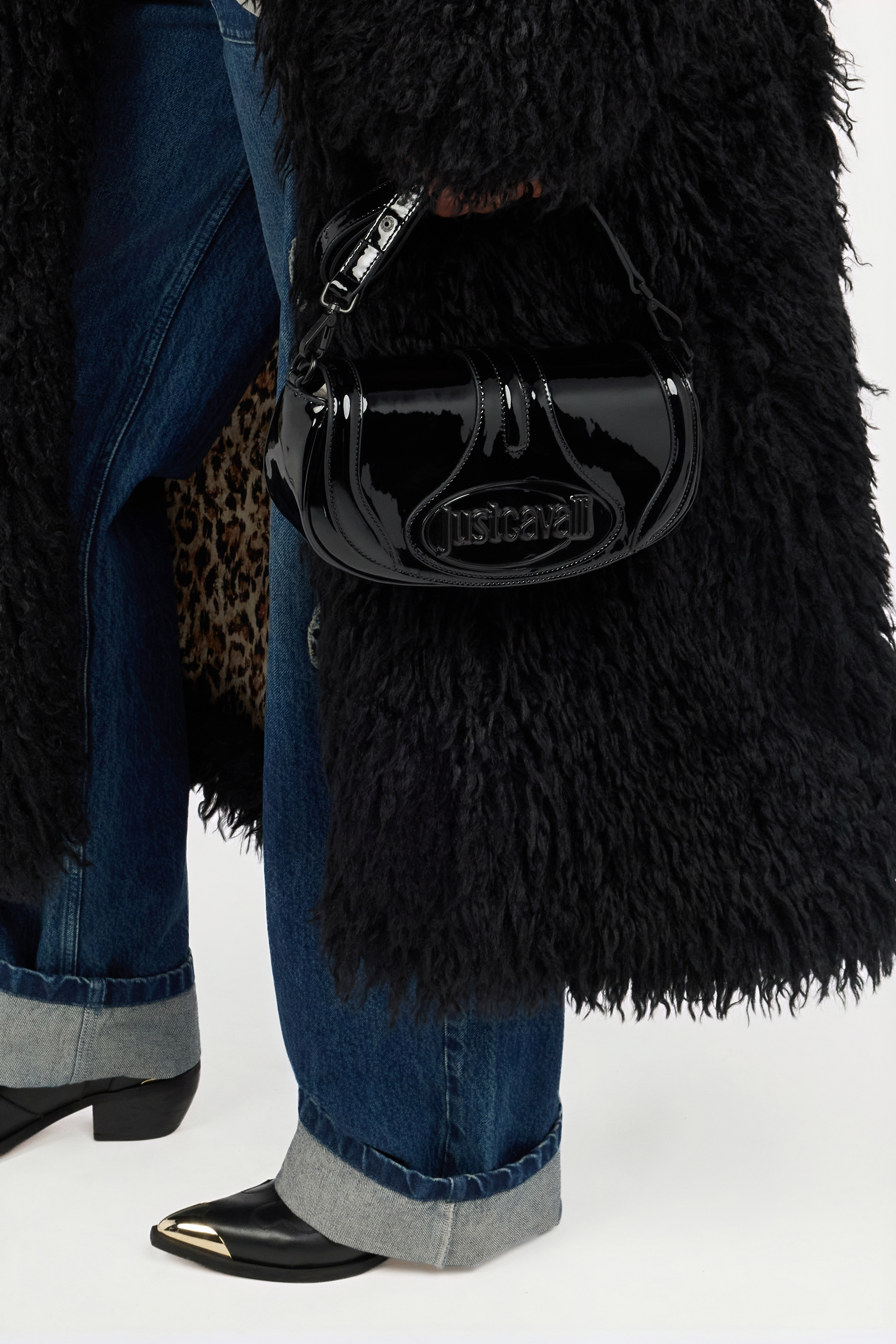 Roberto Cavalli Black Glossy Shoulder Bag With Logo In Black