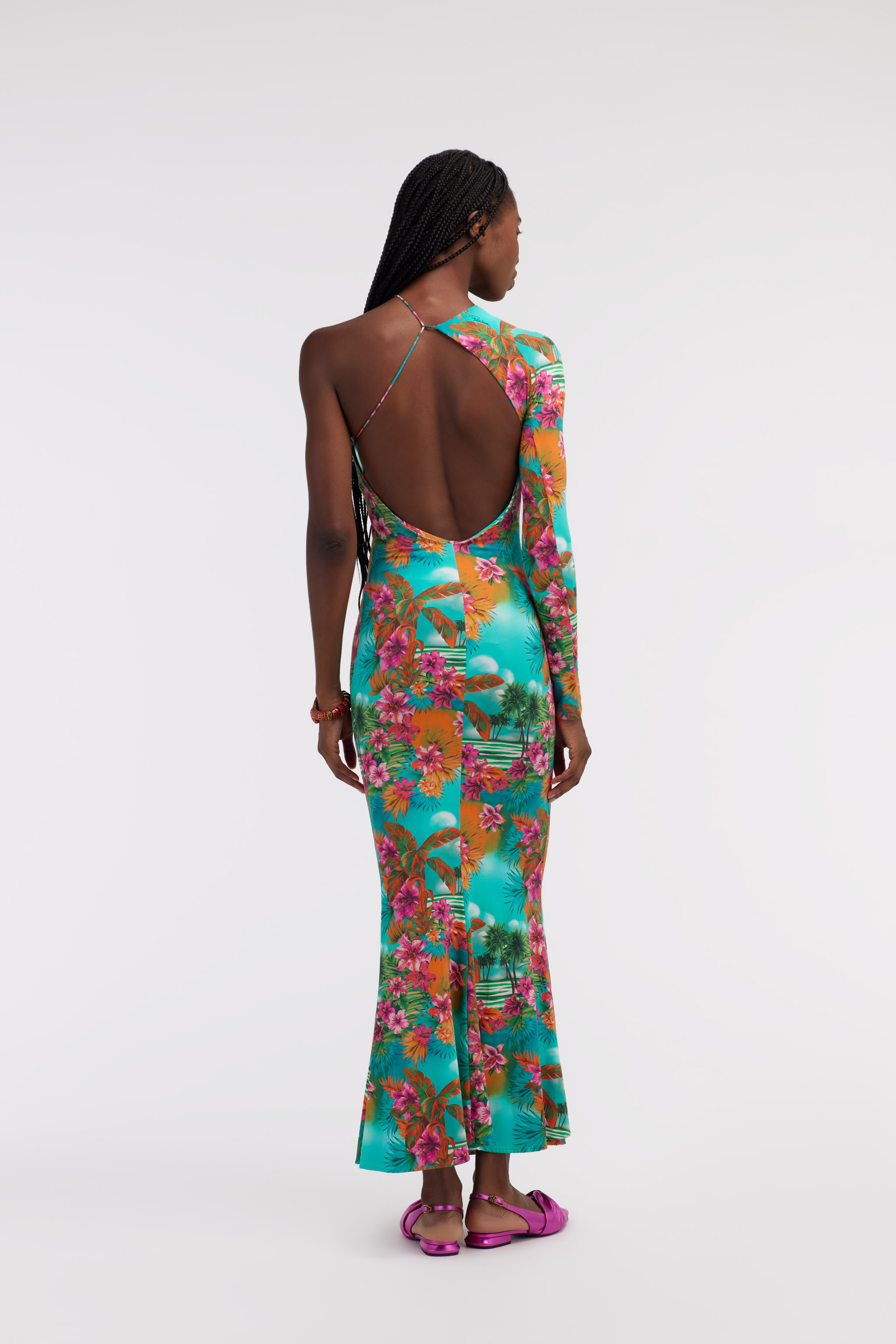 ROBERTO CAVALLI ONE-SHOULDER LONG DRESS WITH JUNGLE PRINT
