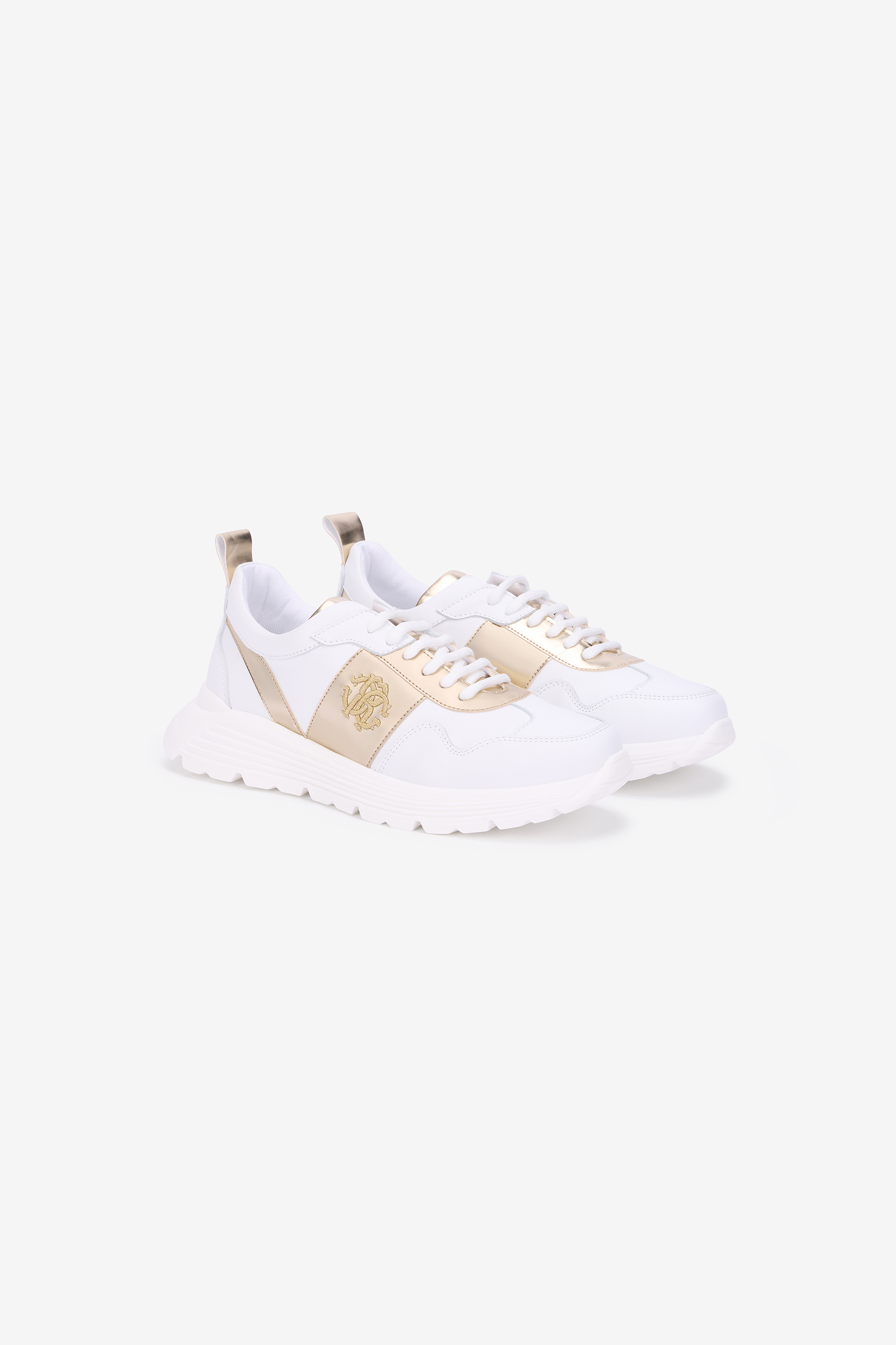Roberto Cavalli White Running Shoes With Gold Monogram Rc In White