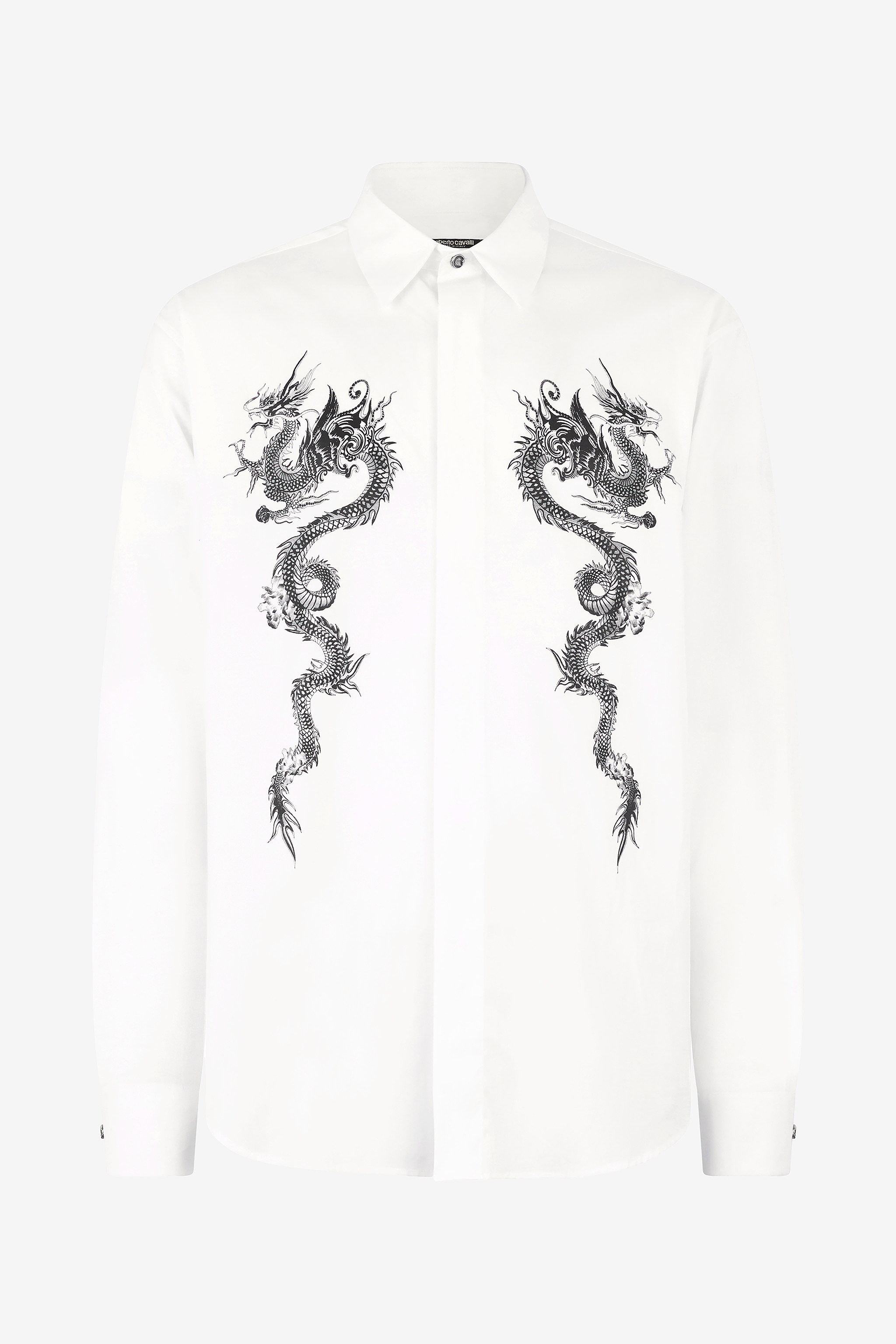 Roberto Cavalli Men's White Cotton Shirt With Dragons - Promo Sale Fw2025